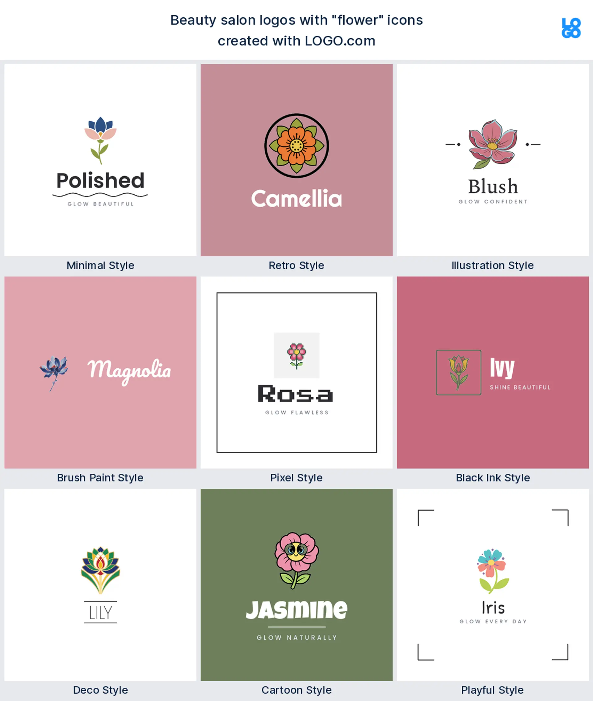 Flower beauty salon logo shown in nine LOGO.com styles