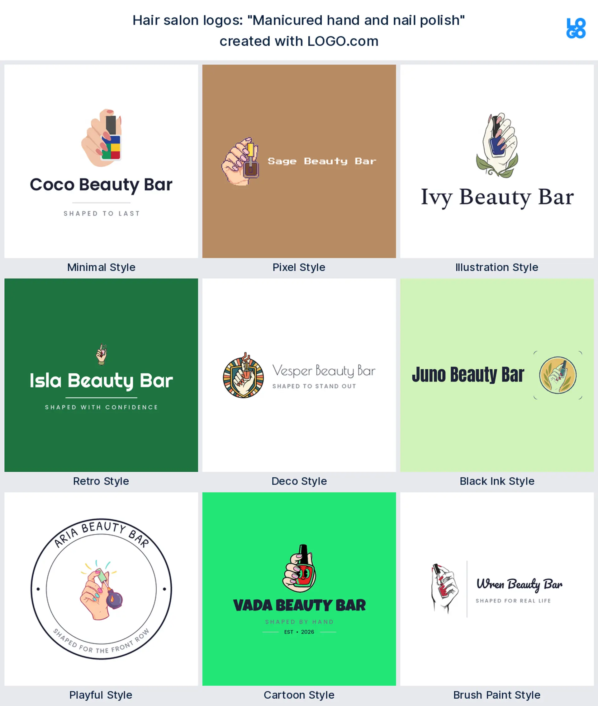 The "Manicured hand and nail polish" hair salon logo idea shown across nine LOGO.com styles
