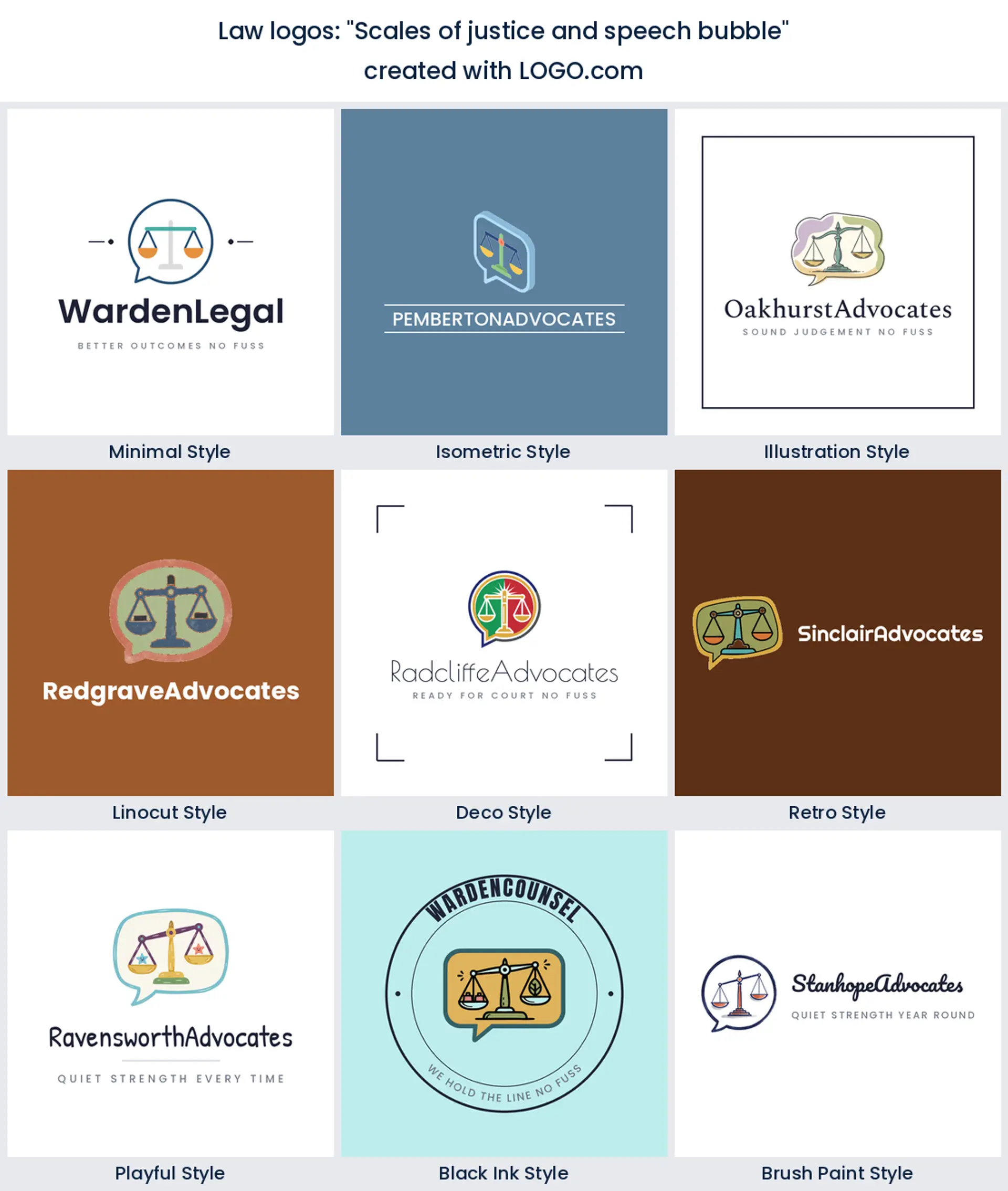 Scales of justice inside a speech bubble across nine styles