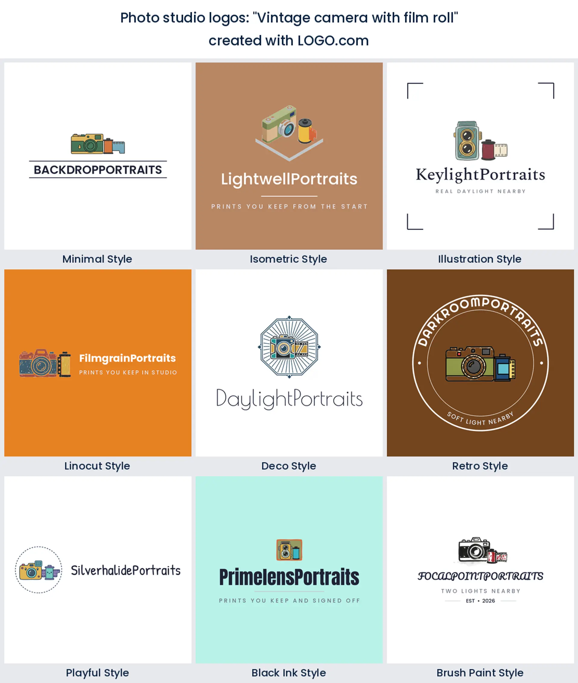 Photo studio logos from the prompt vintage camera with film roll in nine styles