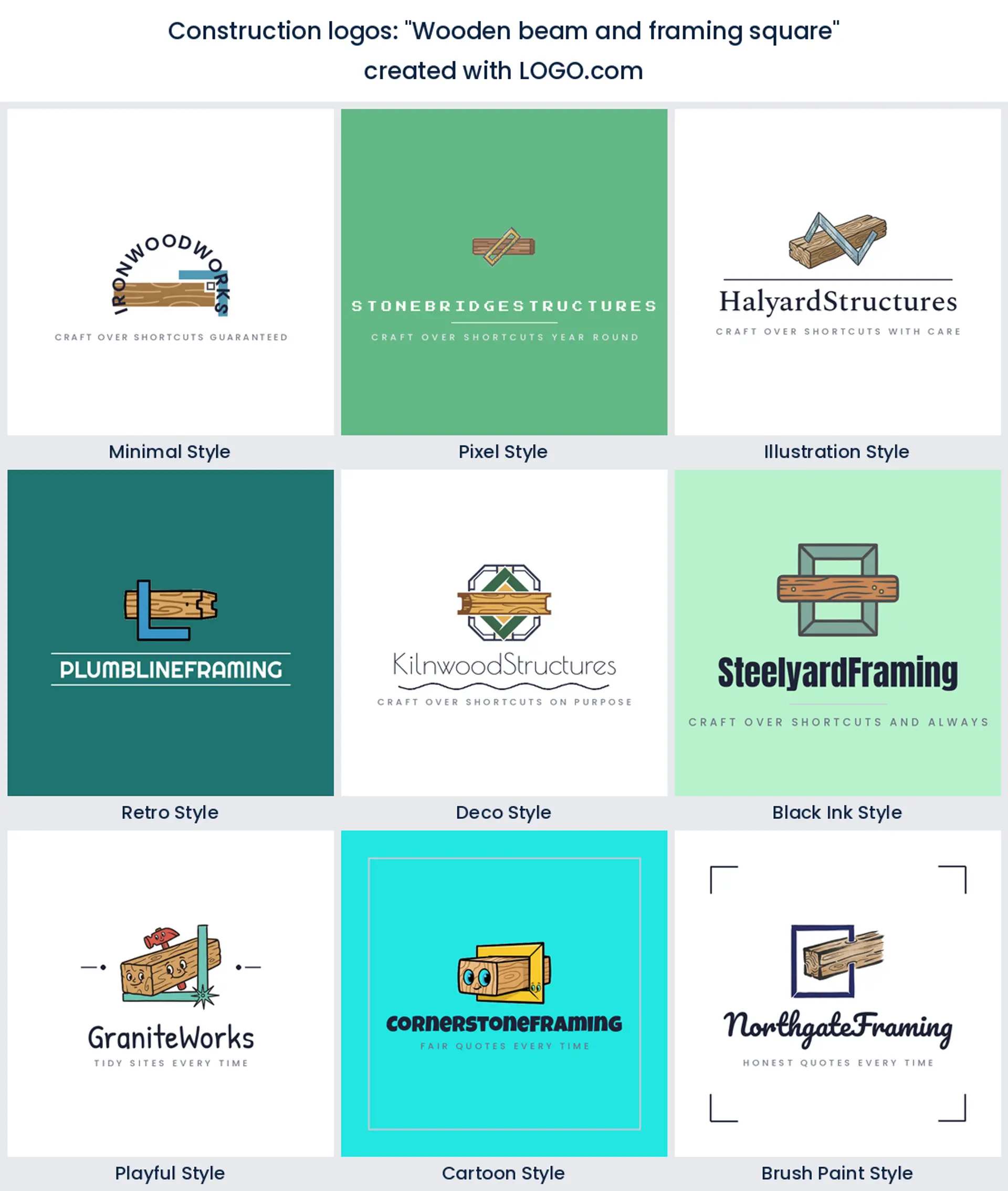 Wooden beam and framing square construction logo idea, shown in nine LOGO.com styles