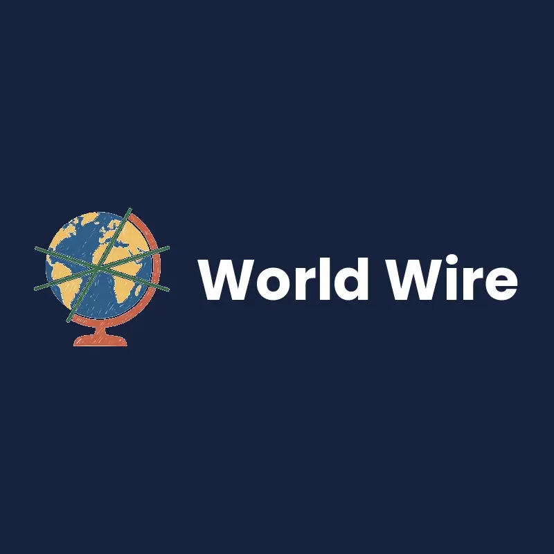 The newspaper name World Wire as a branded logo in a linocut style