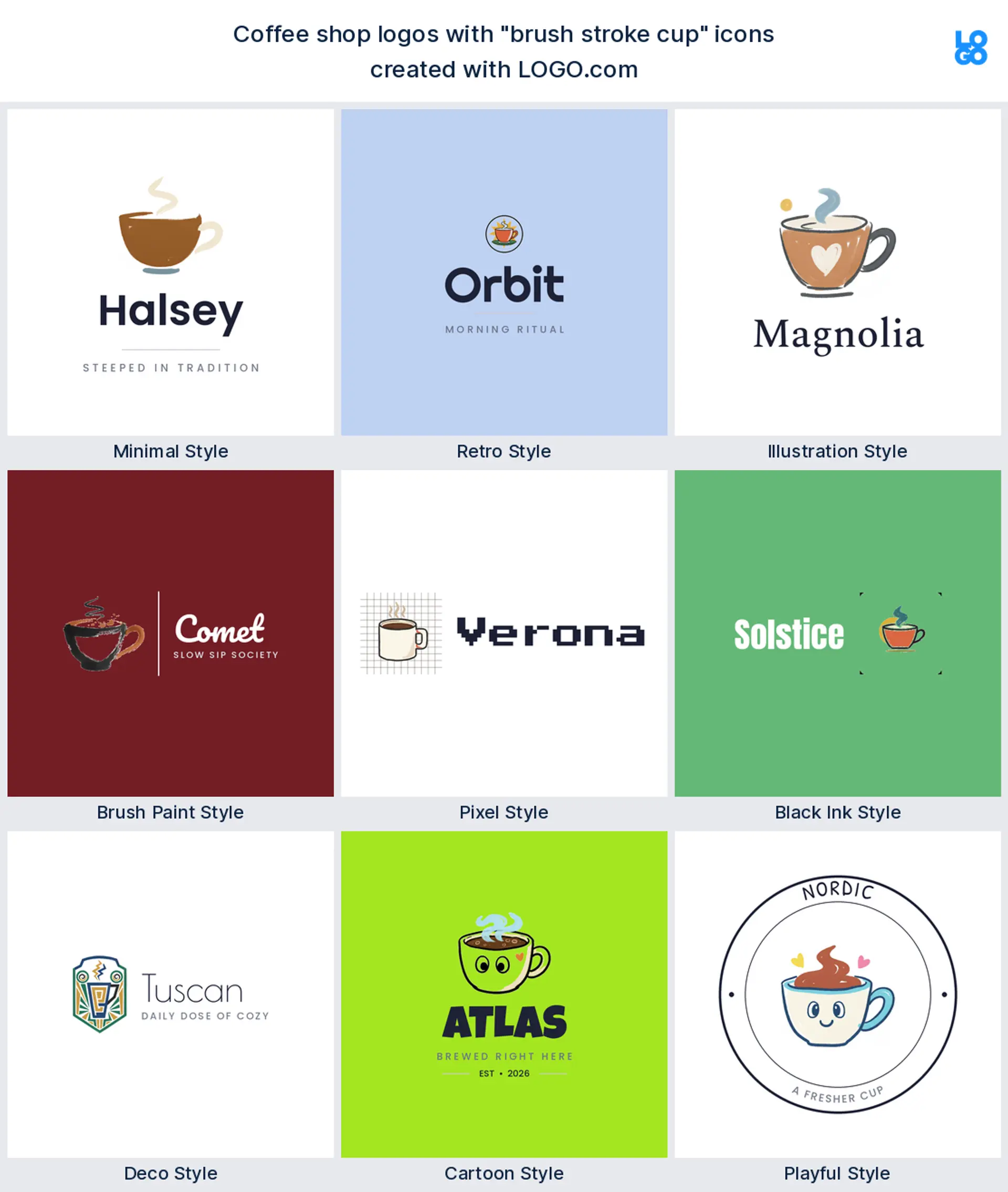 Brush stroke coffee cup logo shown in nine LOGO.com styles