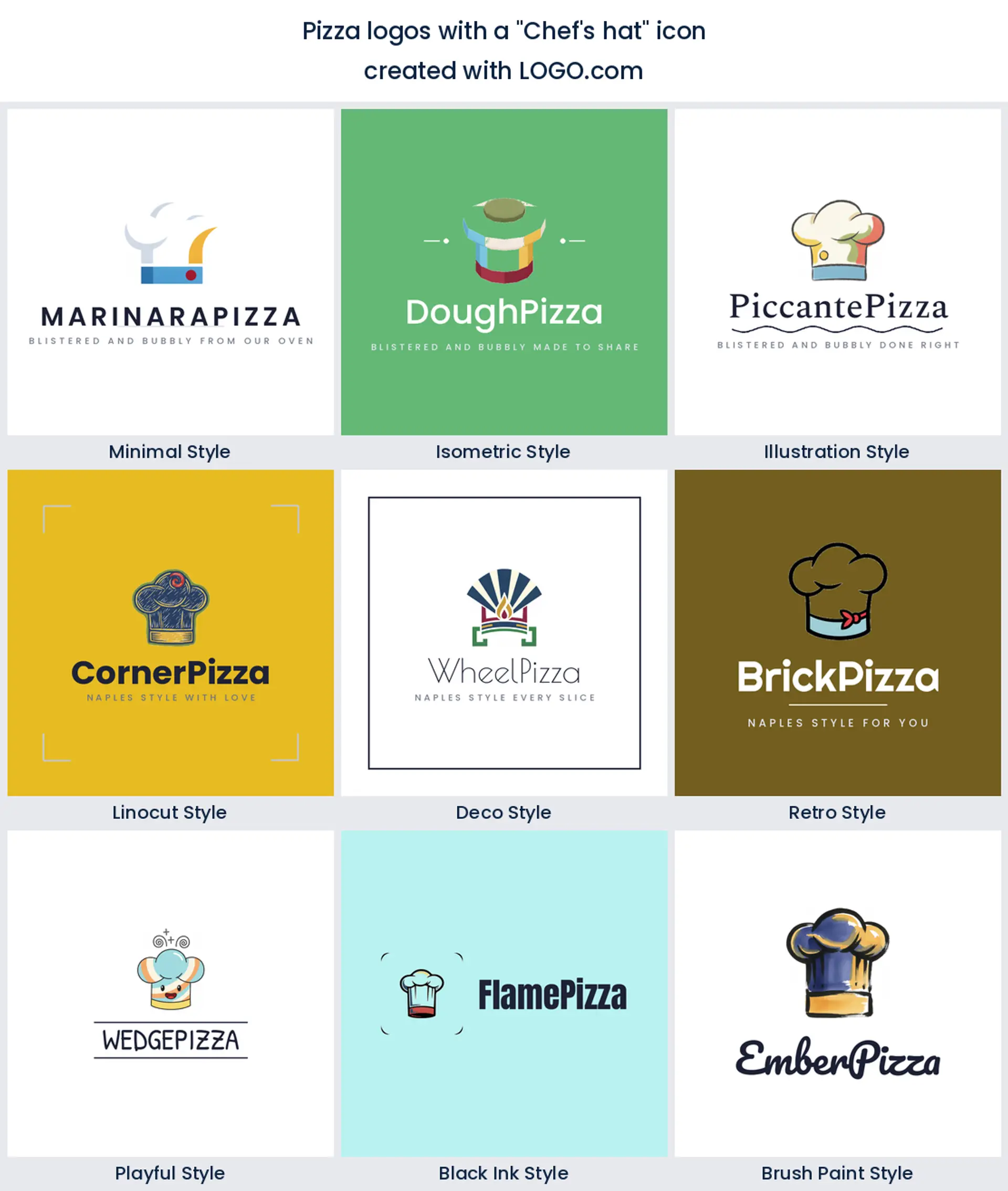 Chef hat pizza logo shown in nine LOGO.com styles.