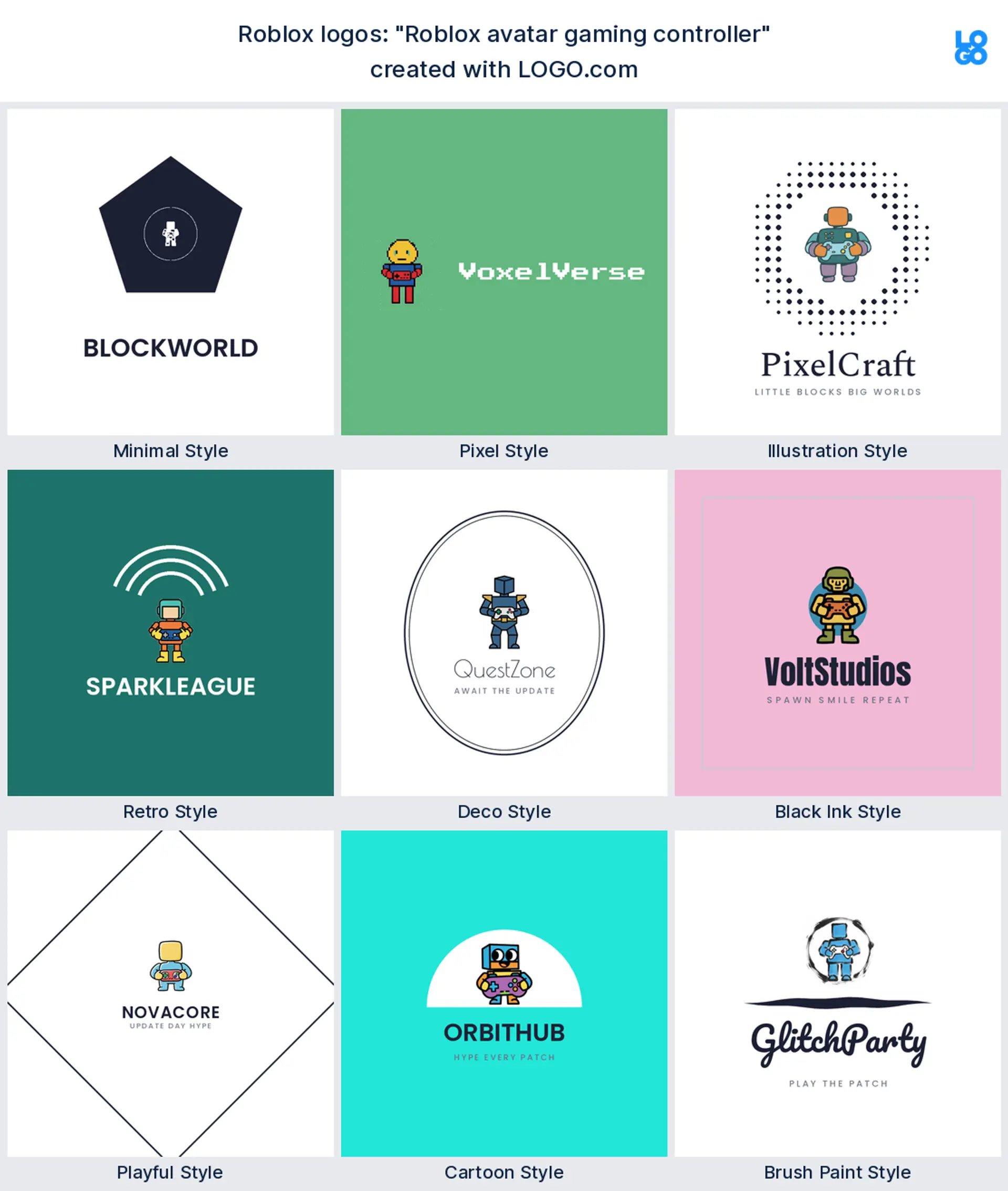 Roblox logos built from the founder prompt "Roblox avatar gaming controller"