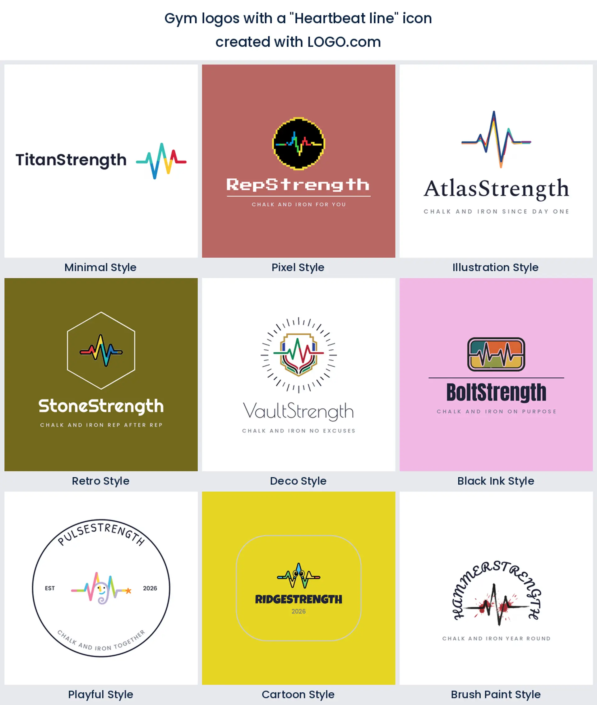 Heartbeat line gym logo shown across nine LOGO.com styles