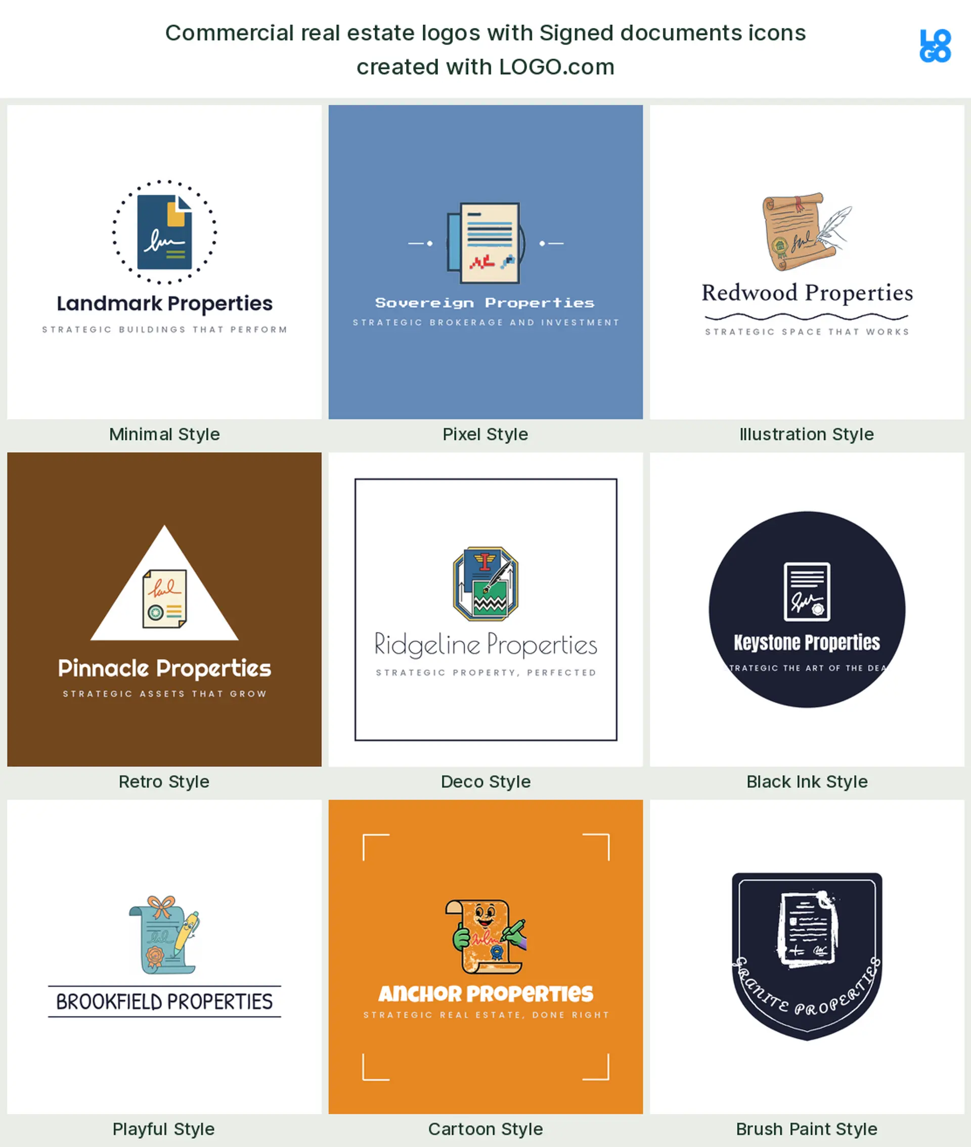 A signed document, a popular commercial real estate logo symbol, shown across nine styles on LOGO.com