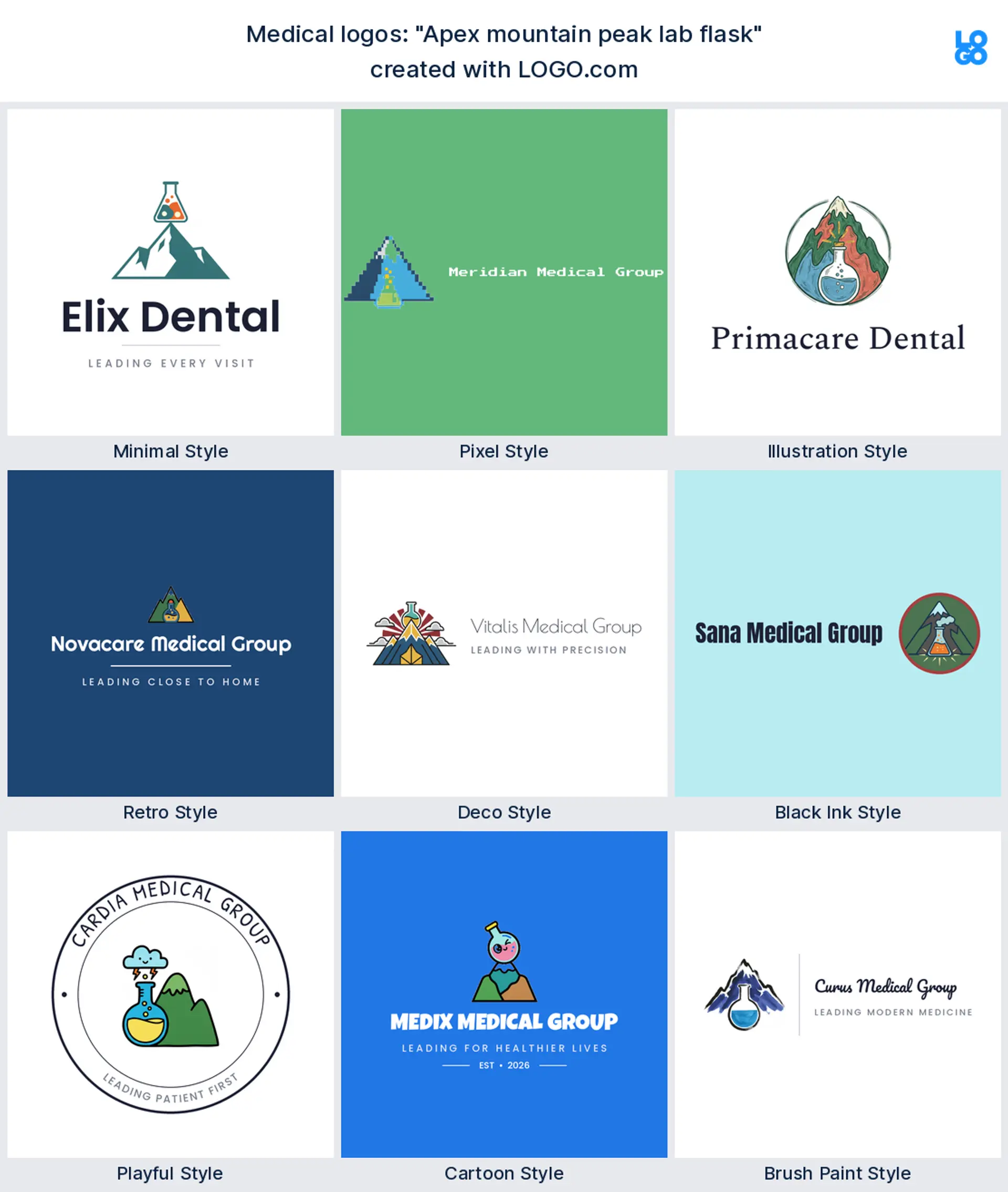 The "Apex mountain peak lab flask" medical logo idea shown across nine LOGO.com styles