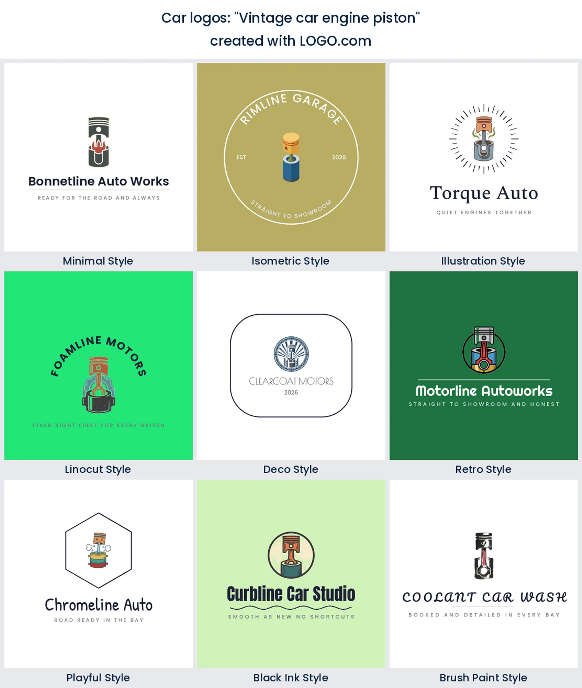Nine classic car restoration logos of a vintage engine piston, in nine design styles.