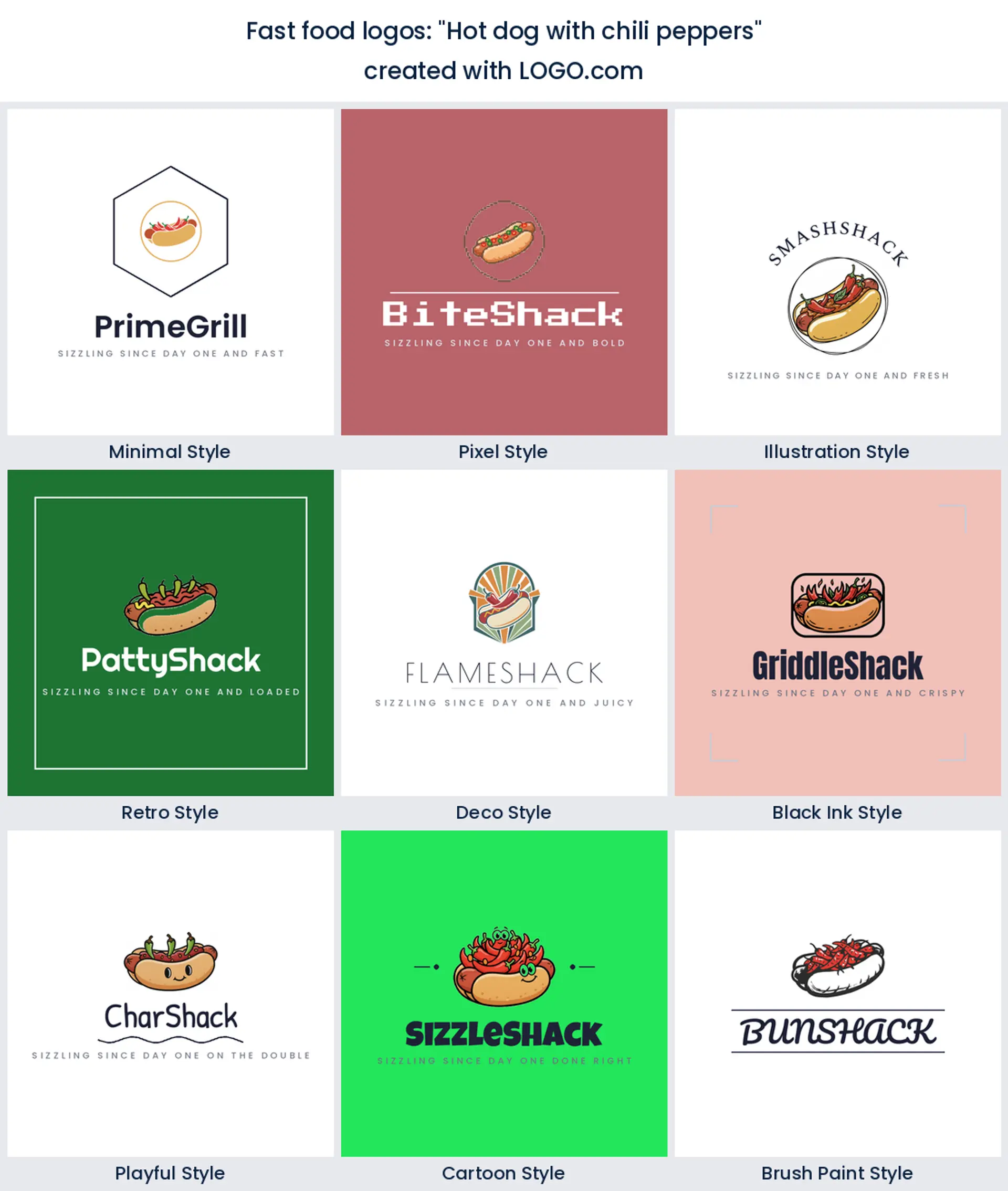 Hot dog with chili peppers logo in nine styles.