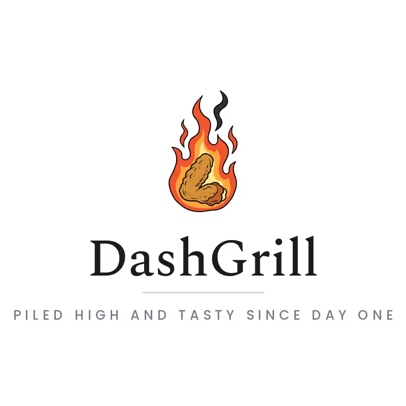 An illustrated chicken wing with flames logo on a white background.