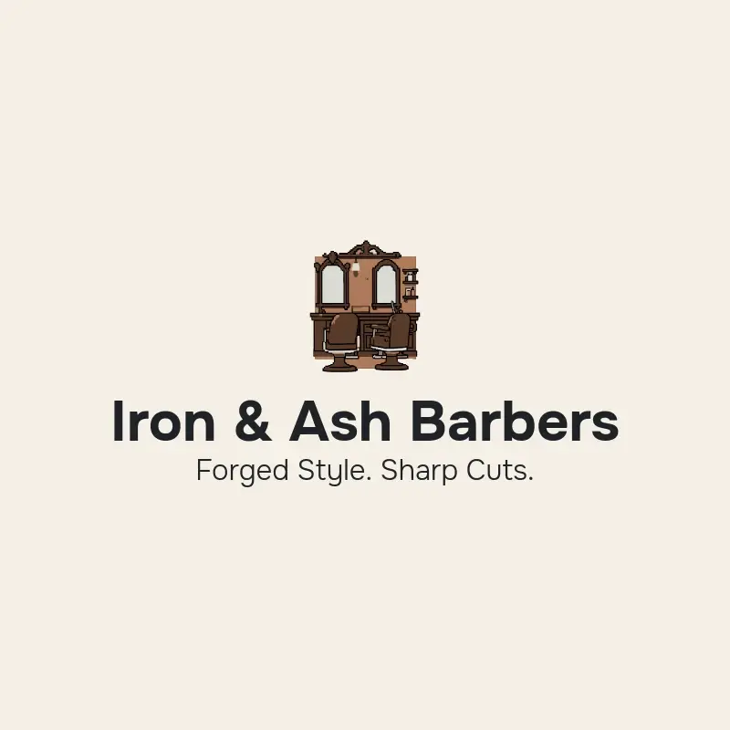 The barbershop name Iron & Ash Barbers as a branded logo with a color icon
