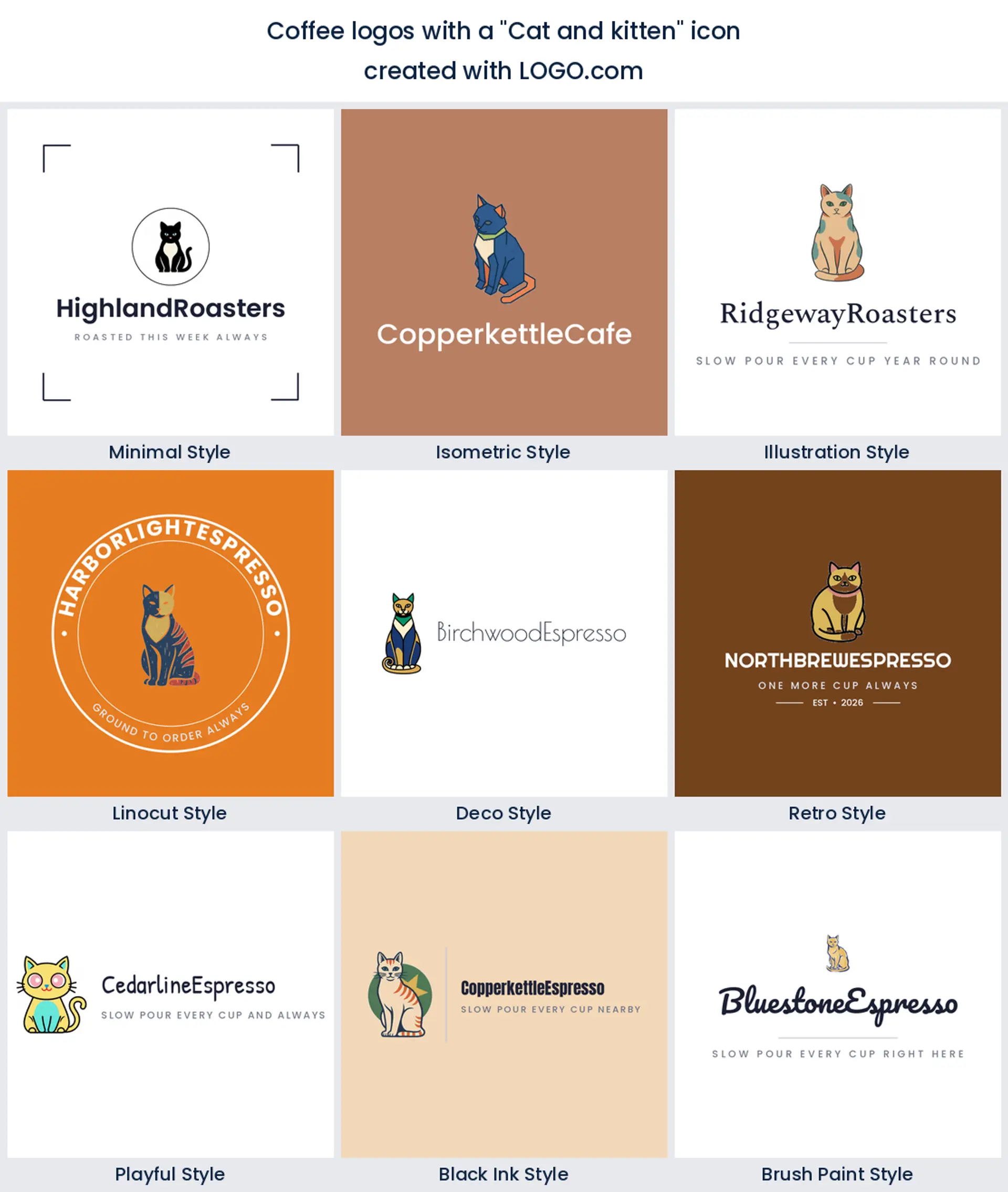 Cat and kitten coffee logo shown in nine LOGO.com styles