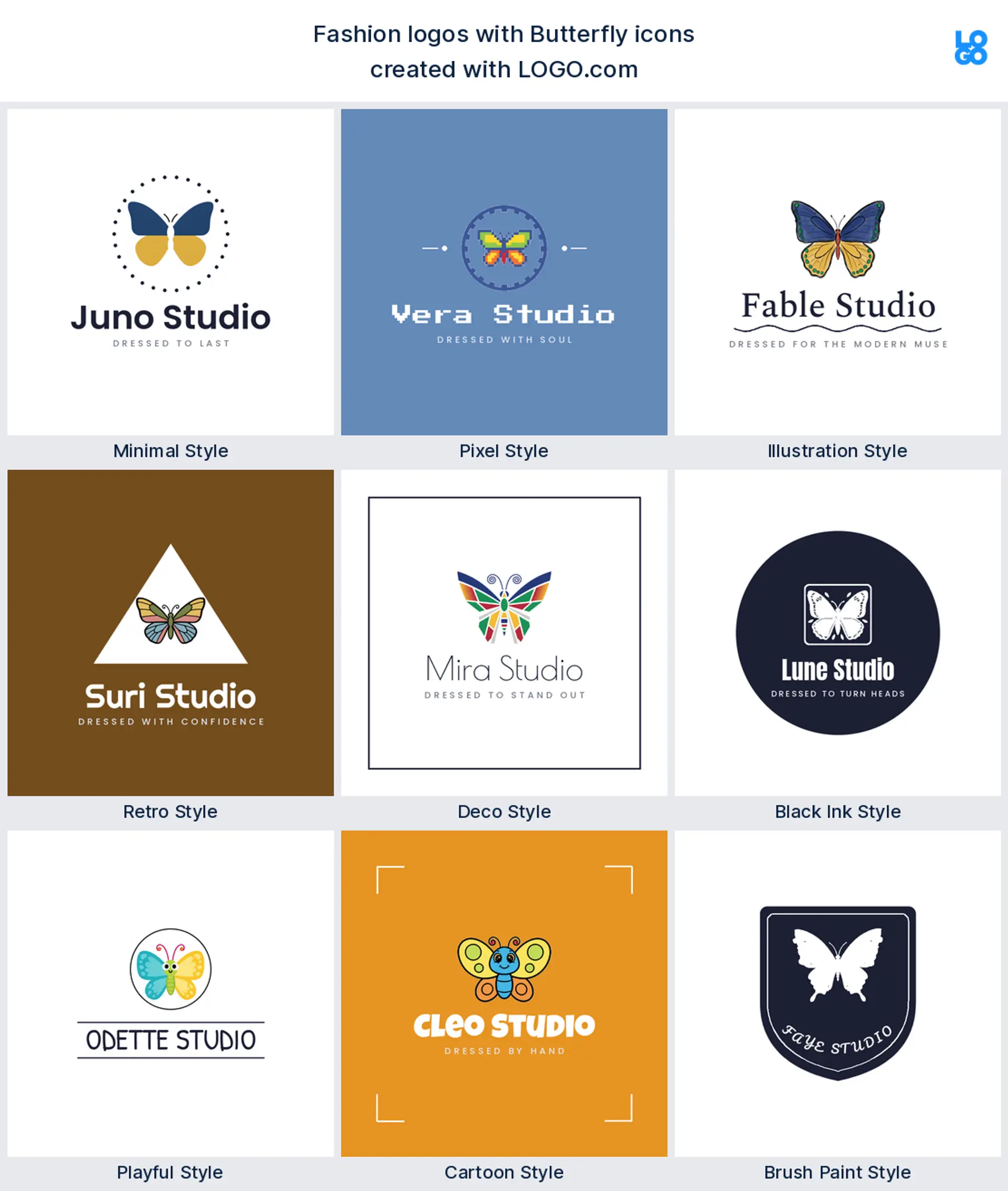 Butterfly shown across nine LOGO.com logo styles