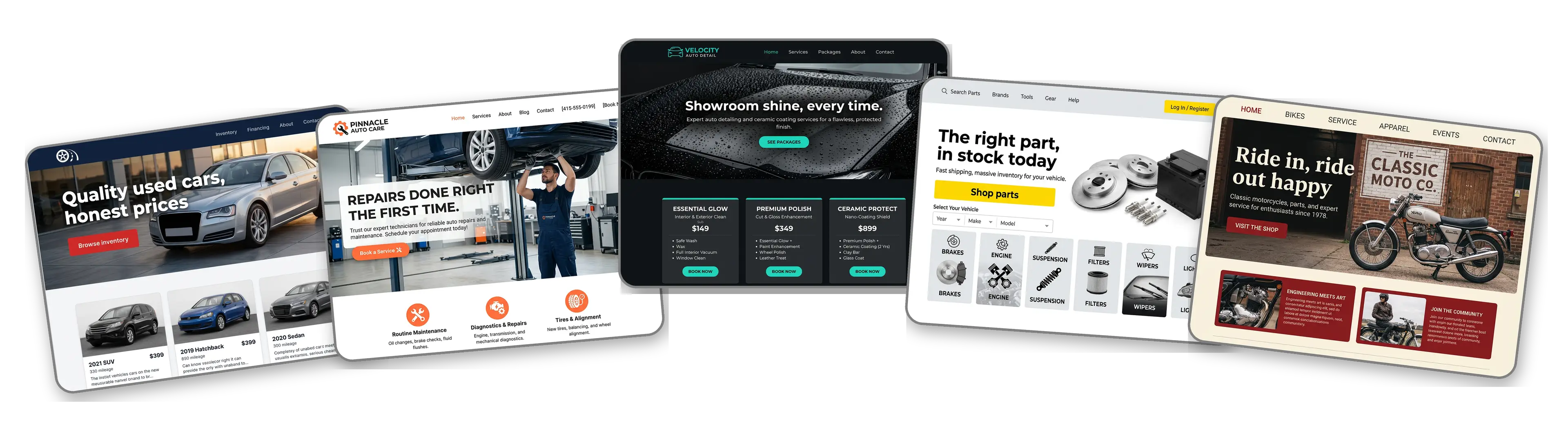 Five automotive websites built with LOGO.com from a logo upload: a used car dealership, an auto repair shop, a car detailing studio, an auto parts store and a motorcycle shop