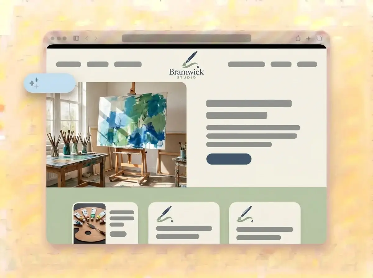 Finished Bramwick Studio artist website built by LOGO.com from the uploaded logo, with a sunlit painting studio and an unfinished canvas in the hero photo