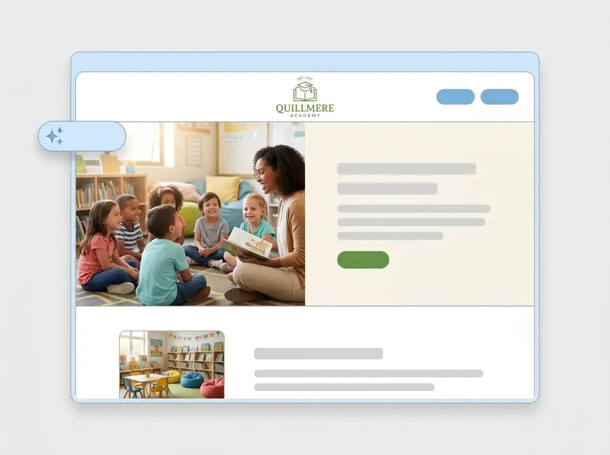 Finished Quillmere Academy school website built by LOGO.com from the uploaded logo, with a teacher reading to children in the hero and a school library thumbnail