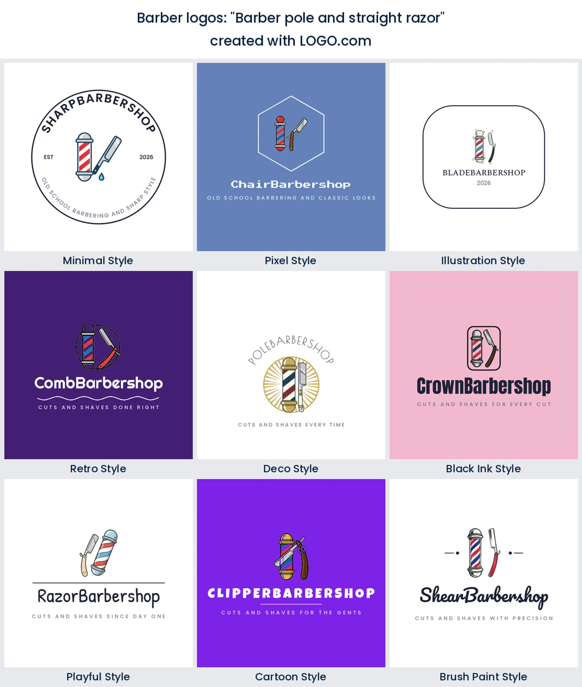 Barber pole and straight razor logo in nine styles.