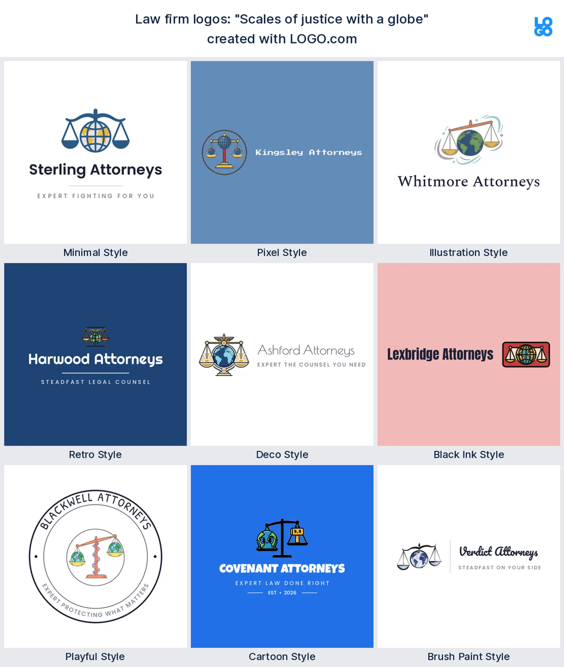 The "Scales of justice with a globe" legal logo idea, shown across nine styles on LOGO.com