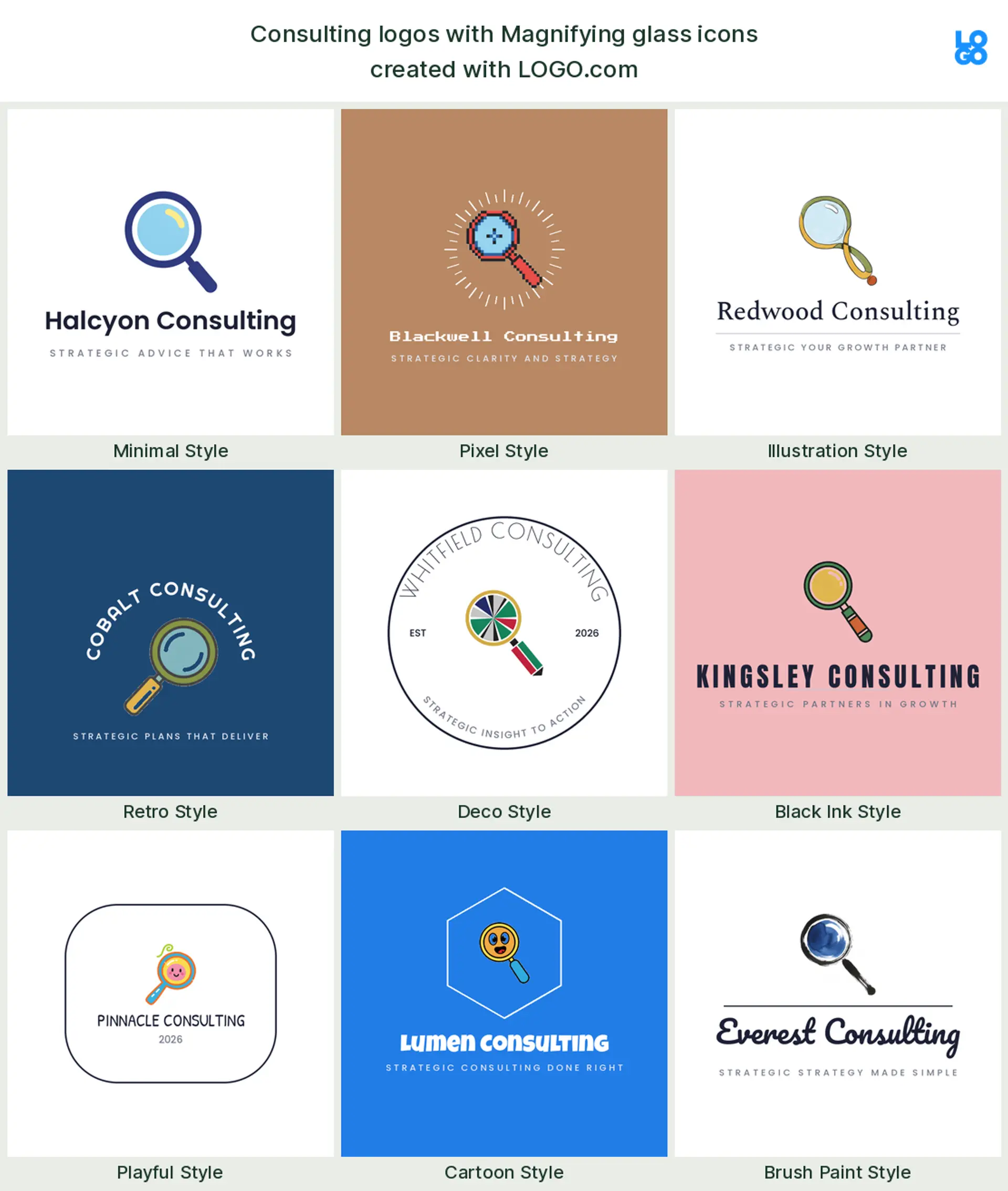 Magnifying glass, a popular consulting logo symbol, shown across nine styles on LOGO.com