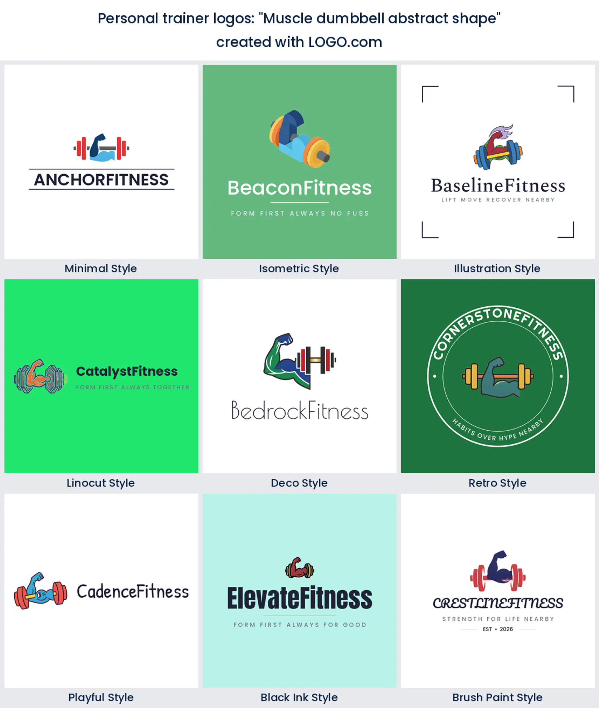 Abstract muscle and dumbbell logo across nine LOGO.com styles