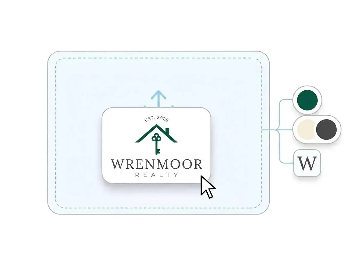 Wrenmoor Realty logo dropped into the LOGO.com upload box, with its emerald green, ivory and charcoal colors and serif letter picked out