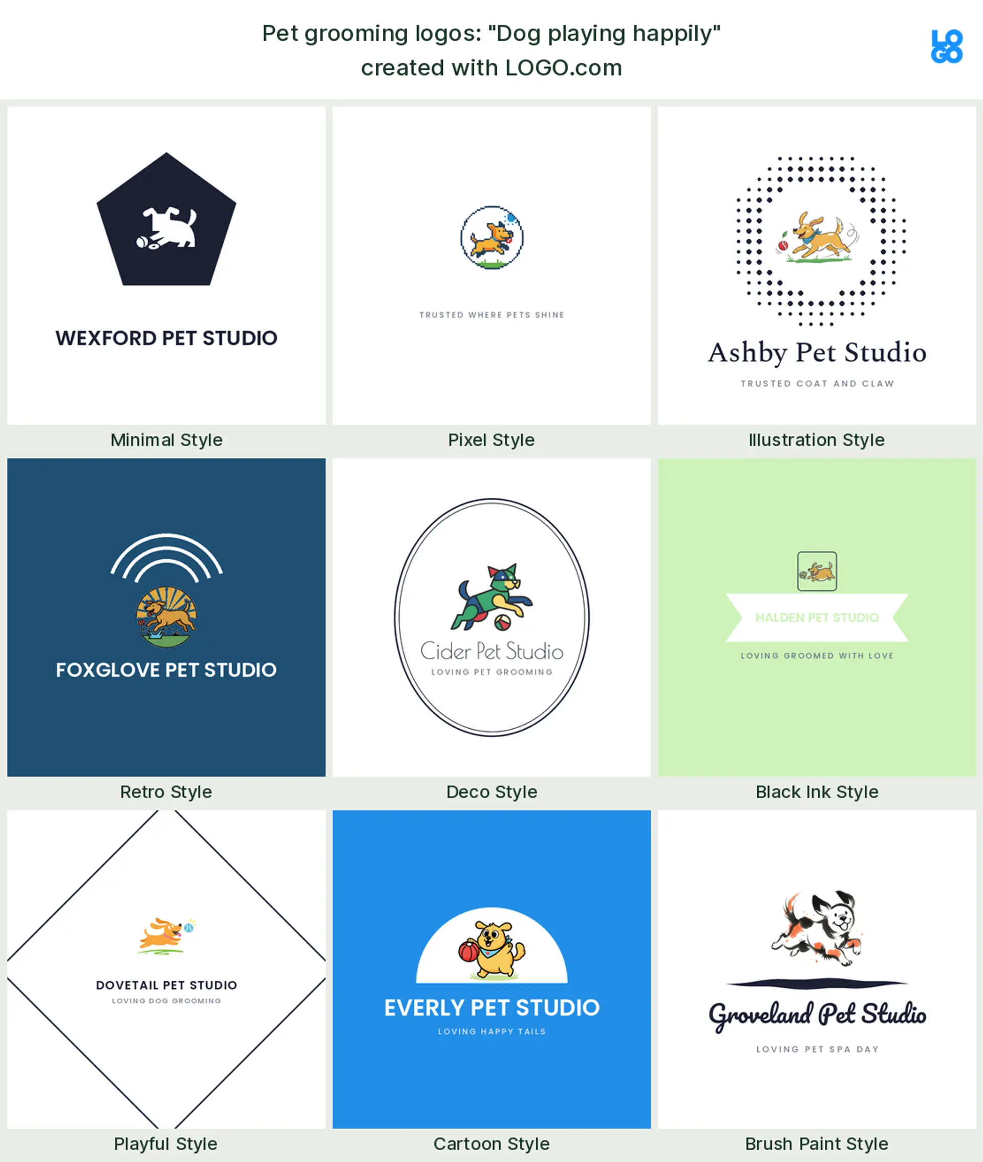 The "Dog playing happily" pet grooming logo idea, shown across nine styles on LOGO.com