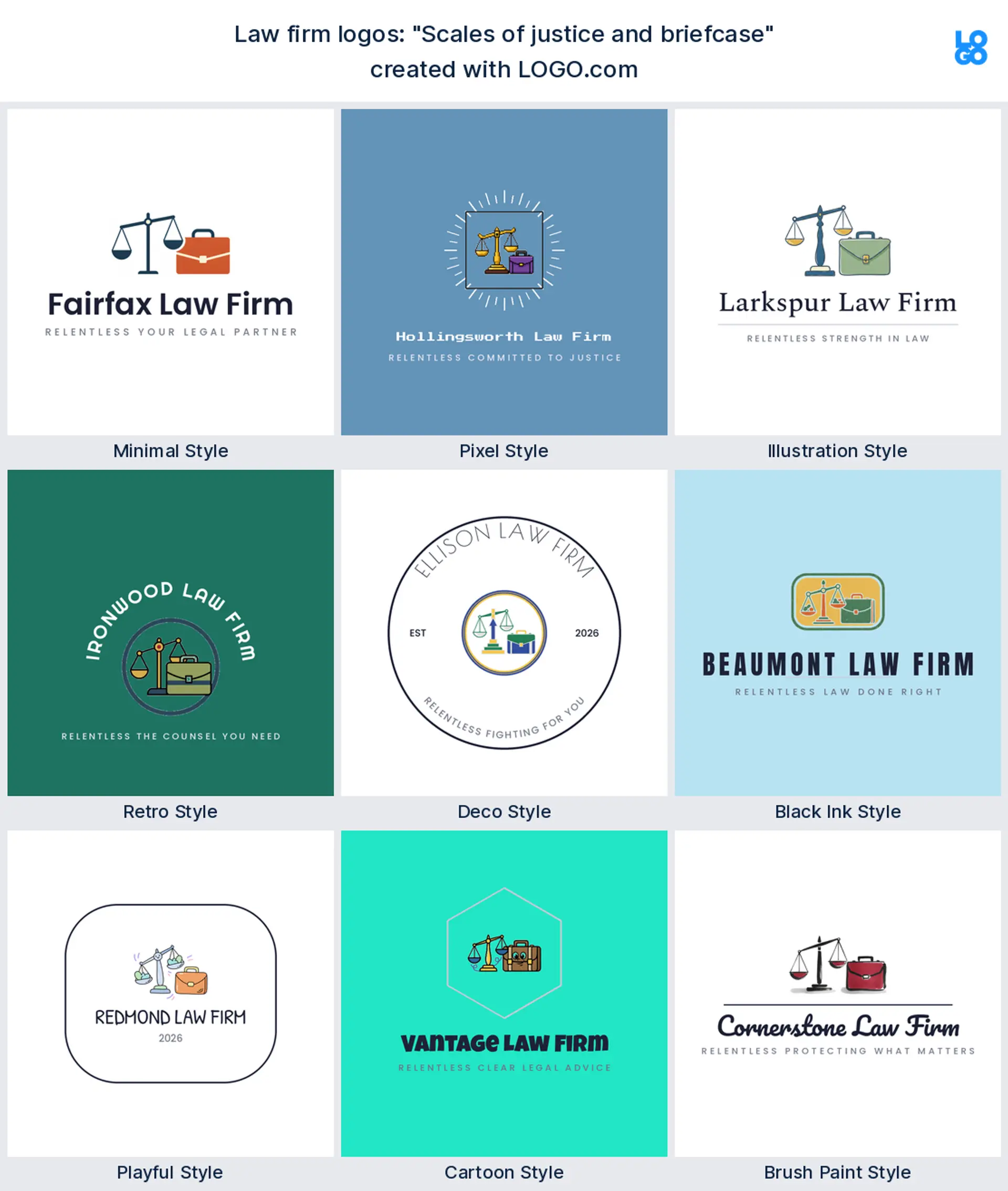 The "Scales of justice and briefcase" legal logo idea, shown across nine styles on LOGO.com