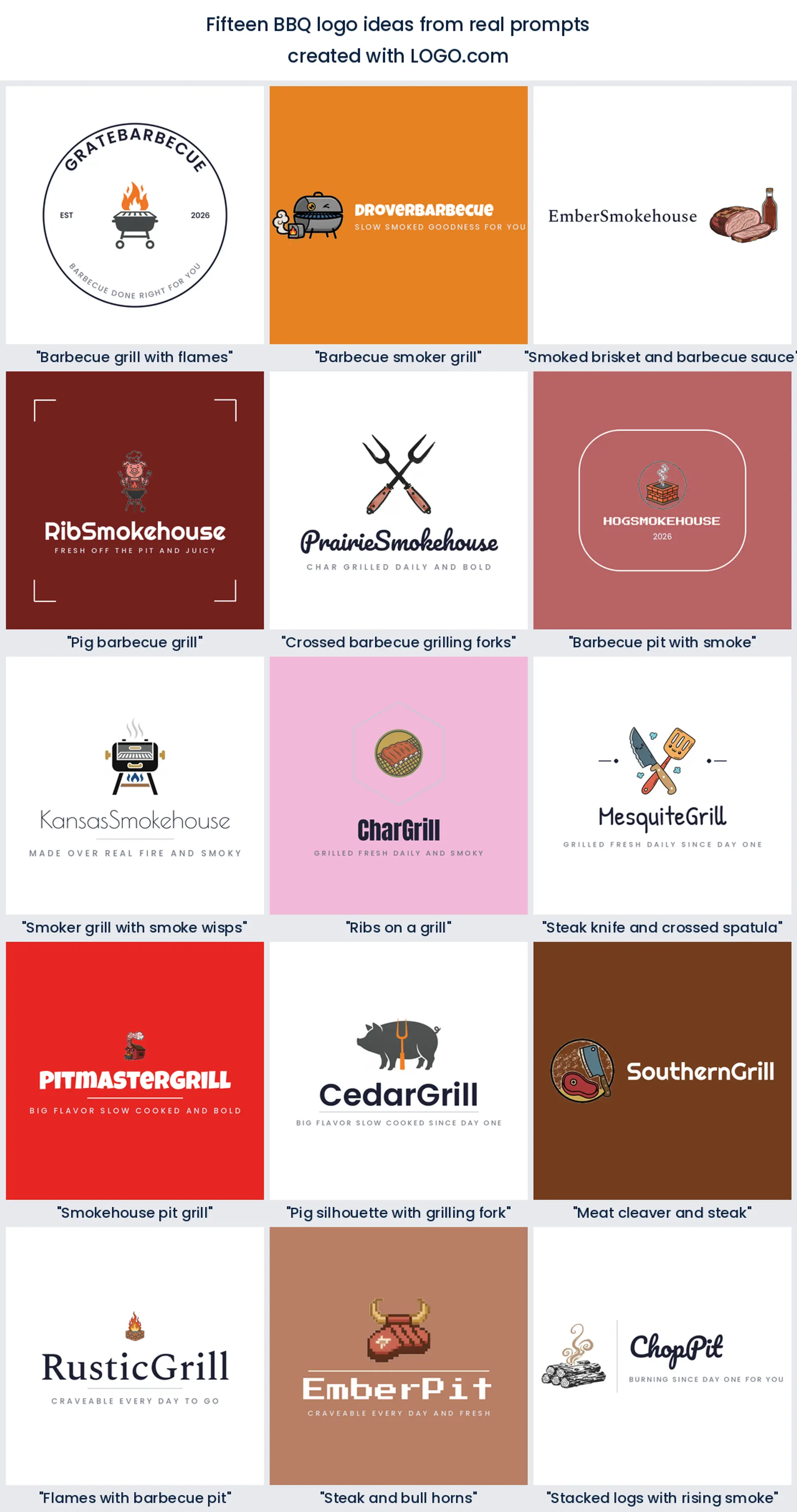 Fifteen bbq logo ideas shown across nine LOGO.com styles.