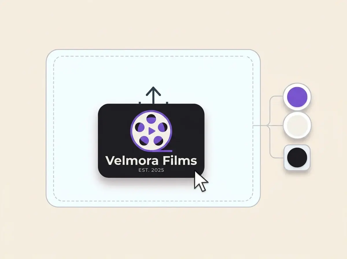 Velmora Films logo, a film reel with a play button hub in violet and off white on charcoal, dropped into the LOGO.com upload box with its three colors picked out