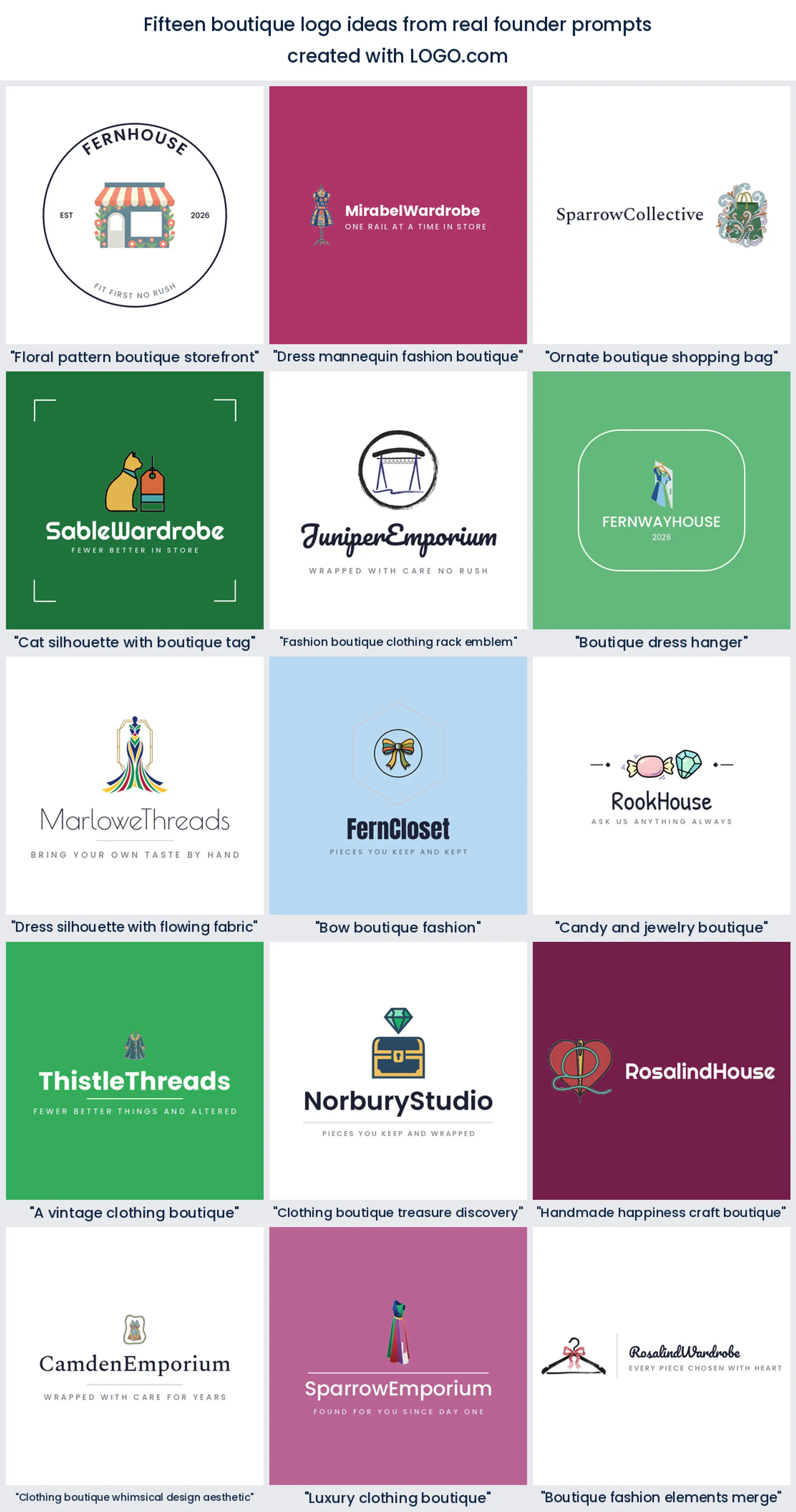 Fifteen boutique logo ideas shown across nine LOGO.com styles