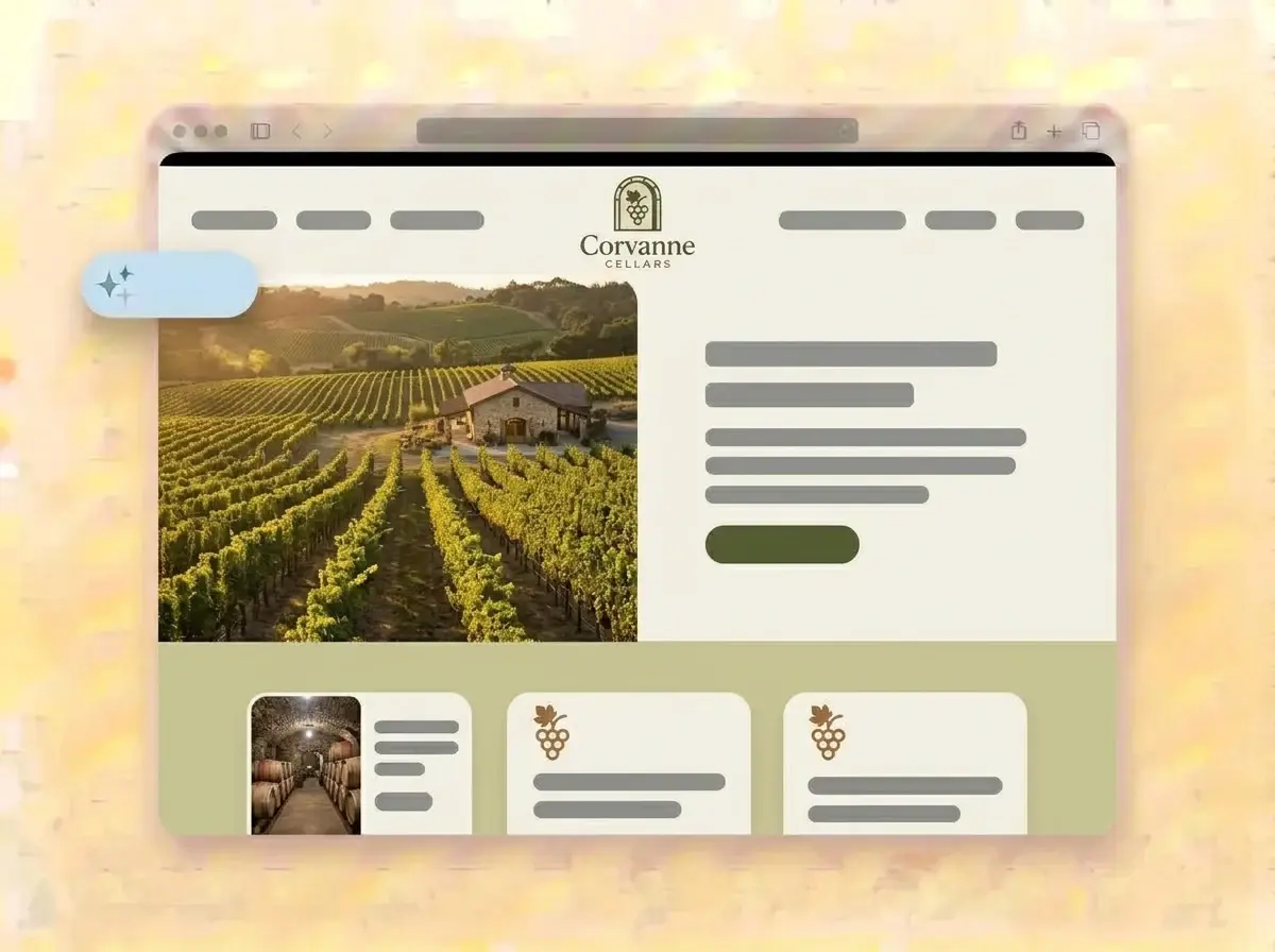 Finished Corvanne Cellars website built by LOGO.com from the uploaded logo, with vineyard rows at golden hour in the hero photo