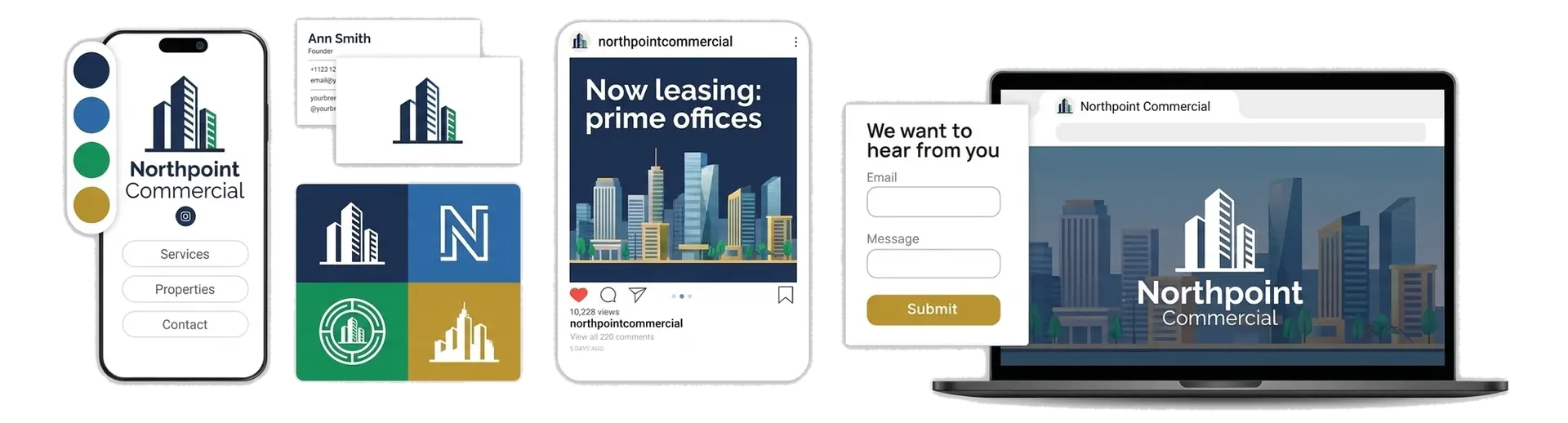 A commercial real estate logo maker showing a brokerage brand across a property website, business cards, and a mobile app