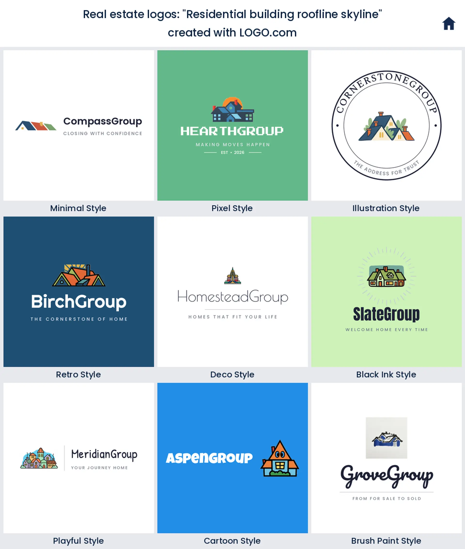 Residential building roofline skyline, a real estate logo idea shown in nine LOGO.com styles