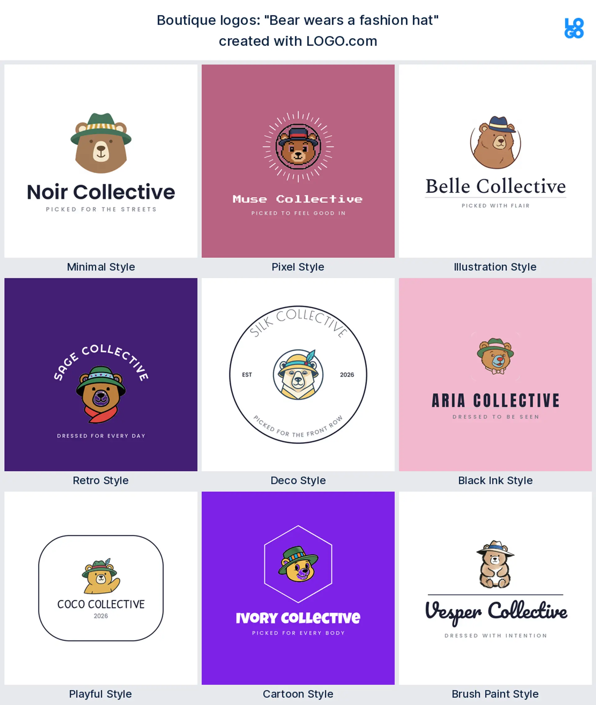 The Bear wears a fashion hat boutique logo idea shown across nine LOGO.com styles