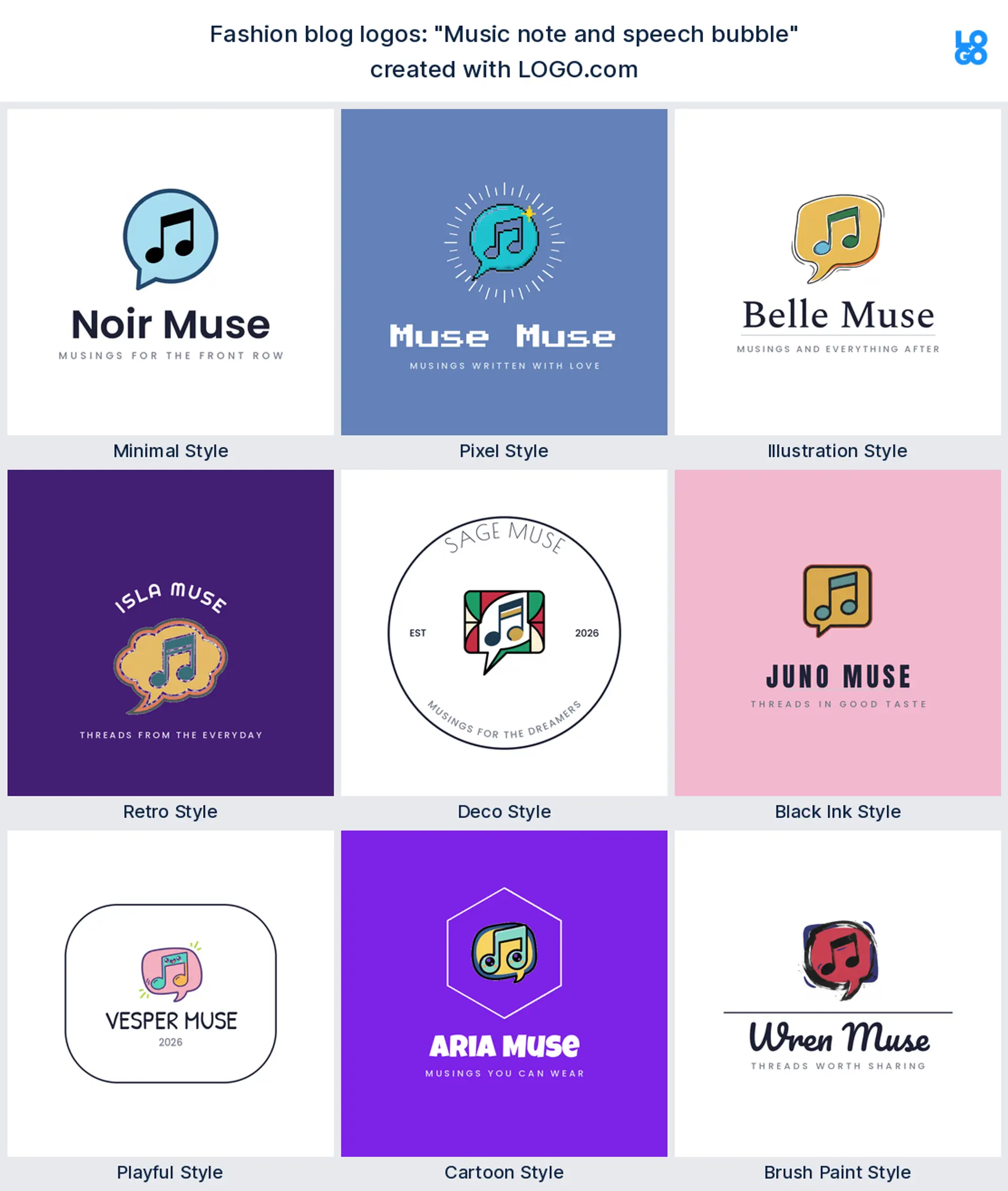 The "Music note and speech bubble" logo idea shown across nine LOGO.com styles
