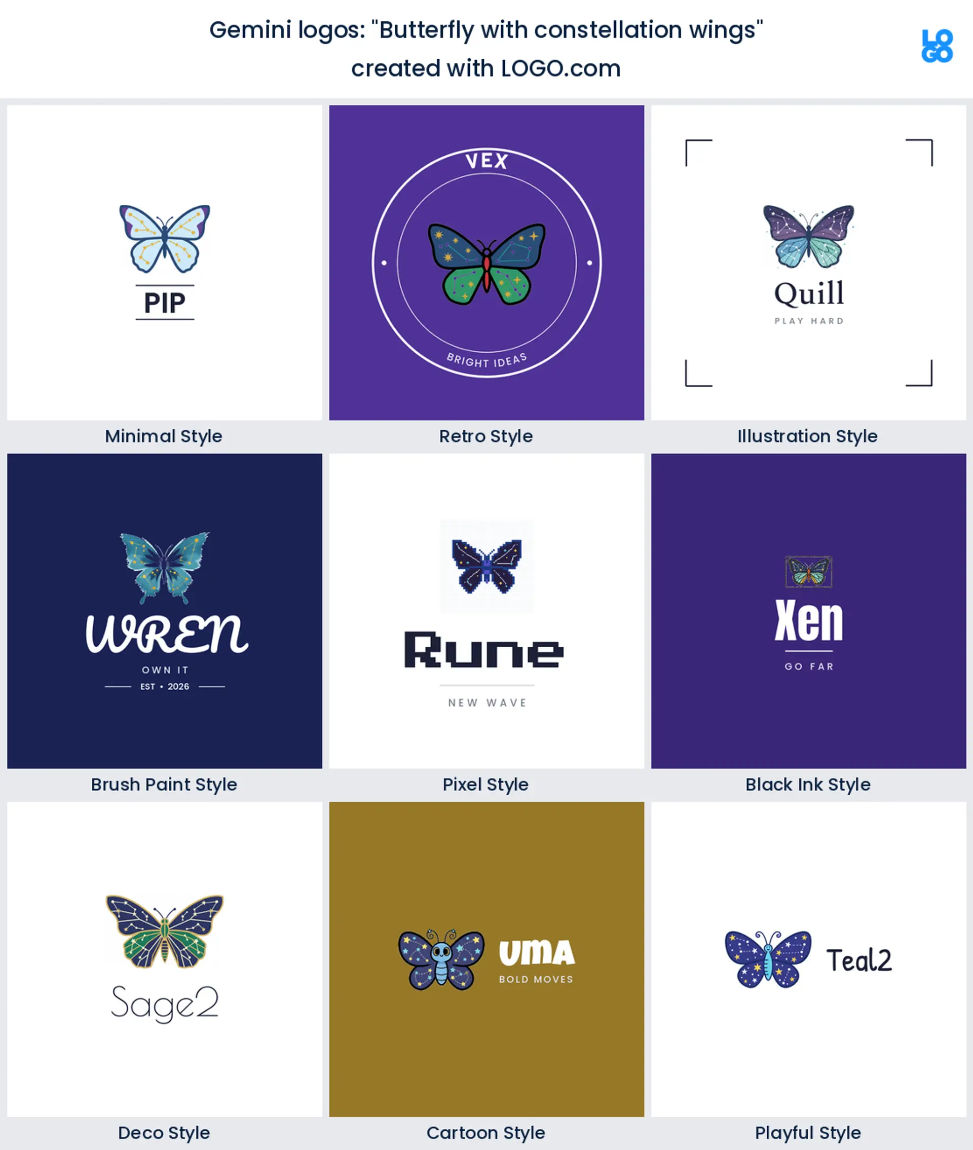 Butterfly with constellation wings, Gemini logo shown in nine LOGO.com styles