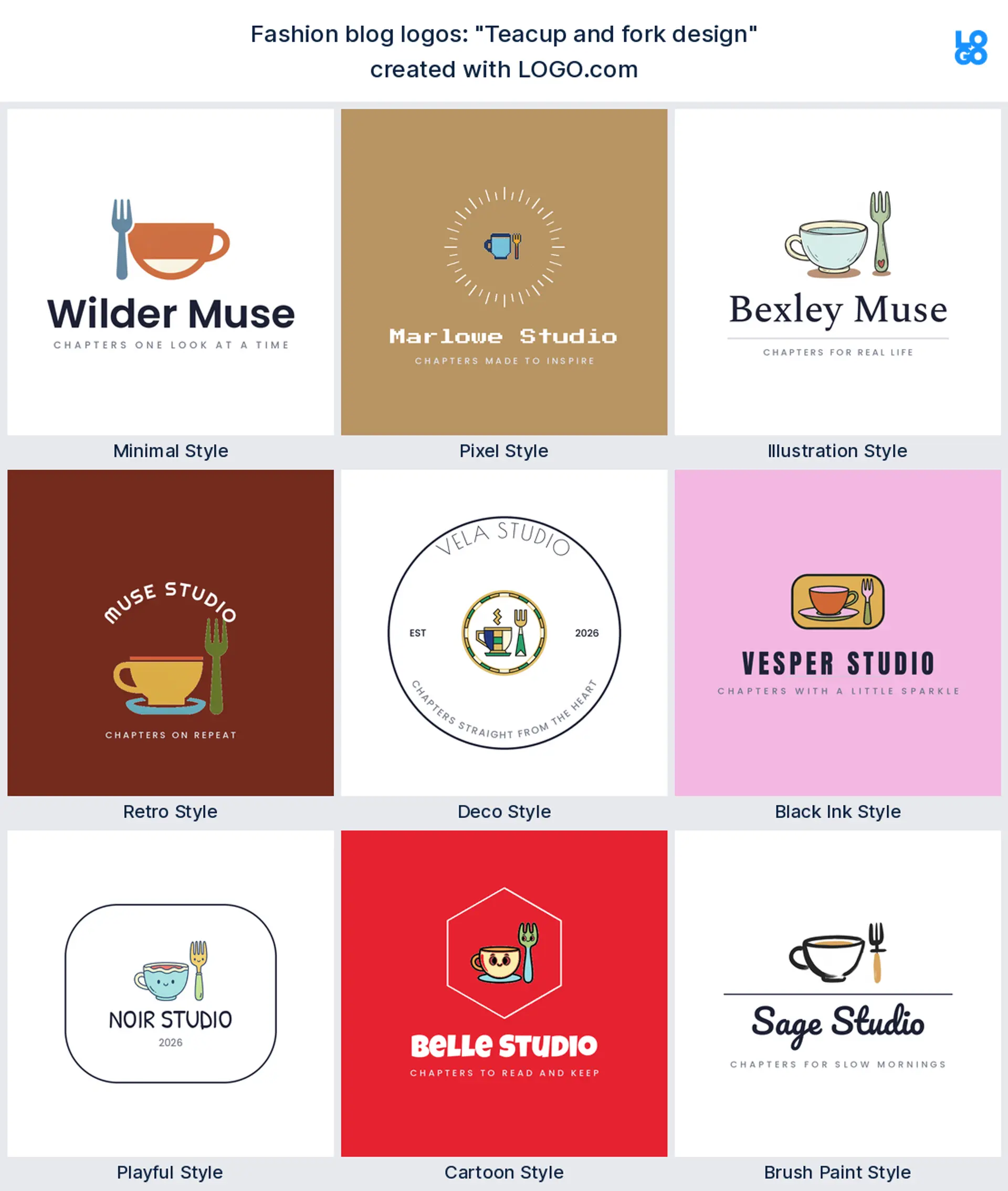 The "Teacup and fork design" logo idea shown across nine LOGO.com styles