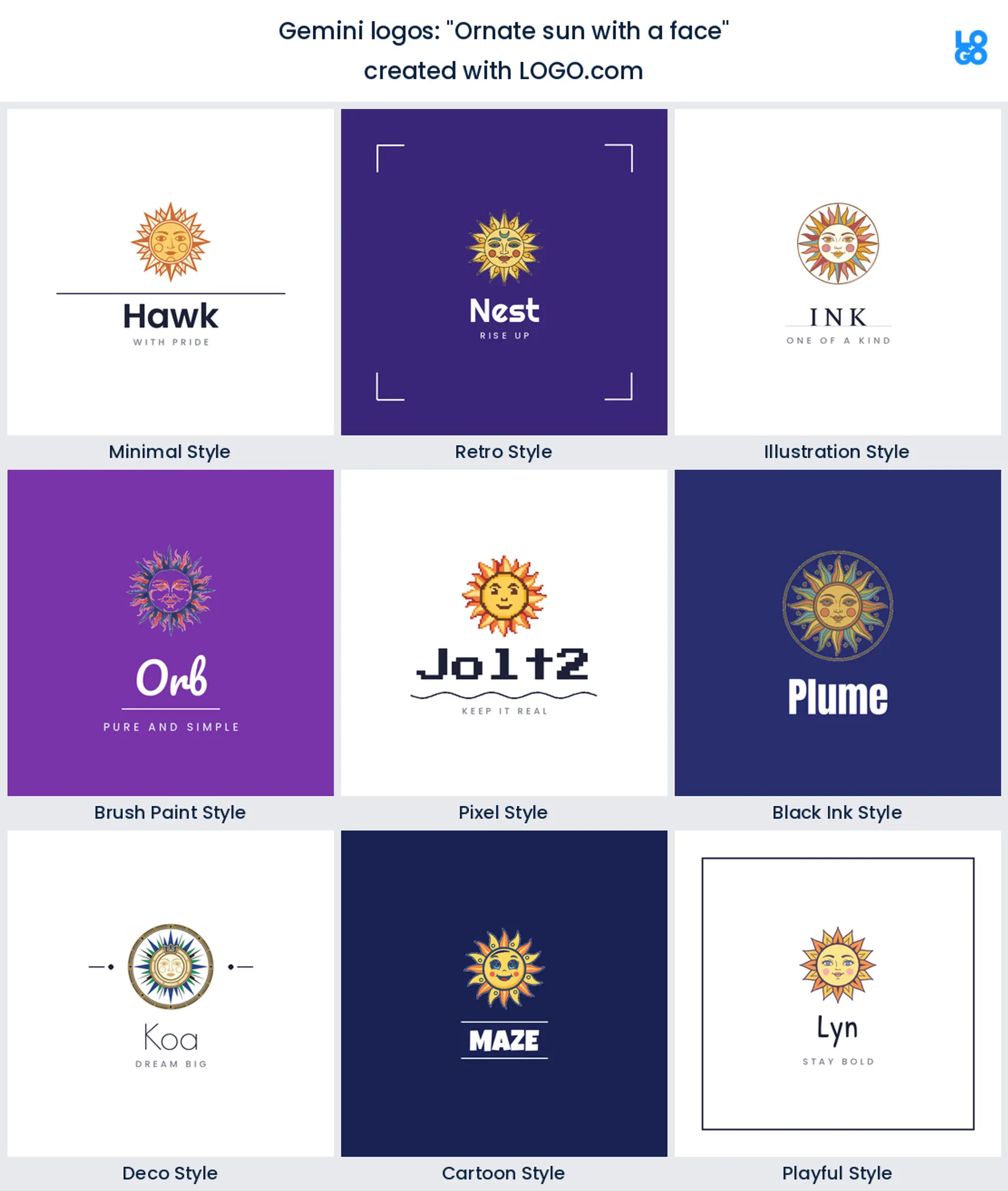 Ornate sun with a face, Gemini logo shown in nine LOGO.com styles