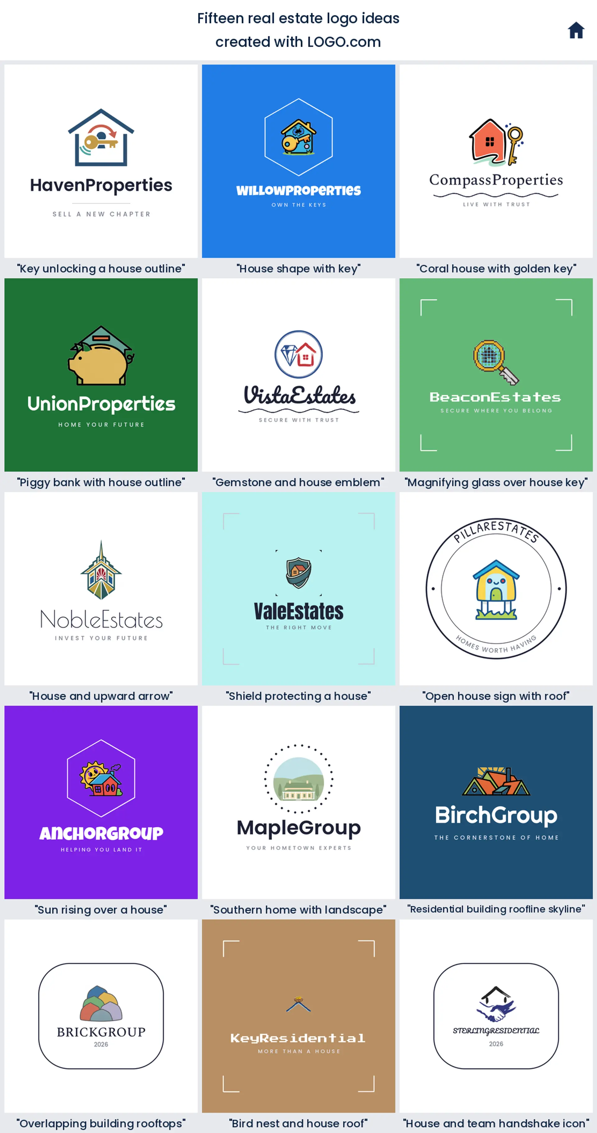 Fifteen real estate logo ideas shown across nine LOGO.com styles