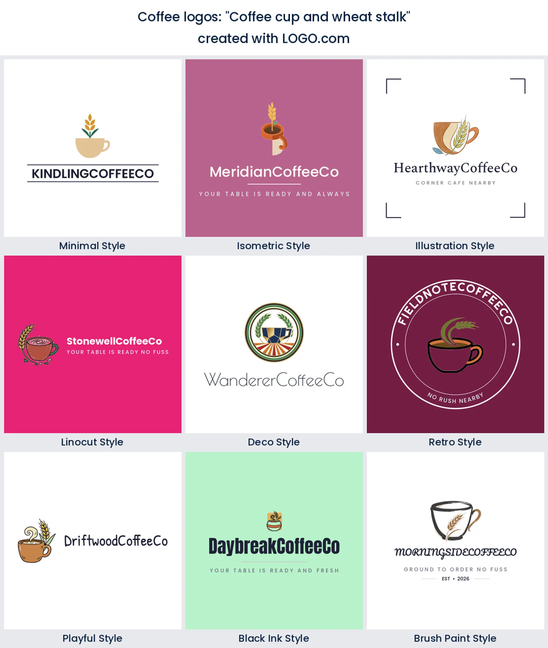 Coffee cup and wheat stalk coffee logo idea shown in nine LOGO.com styles