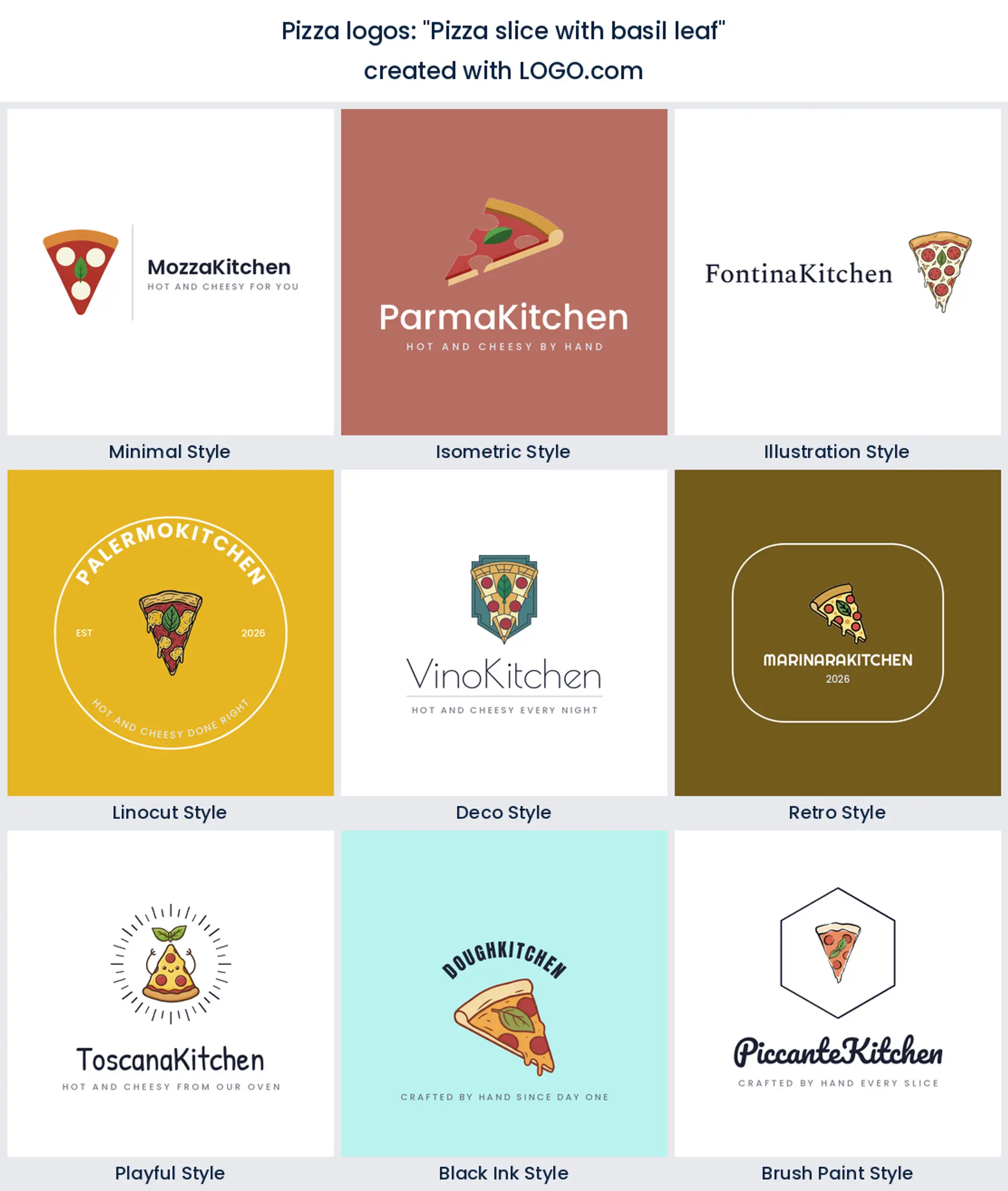 Pizza slice with basil leaf logo in nine styles.
