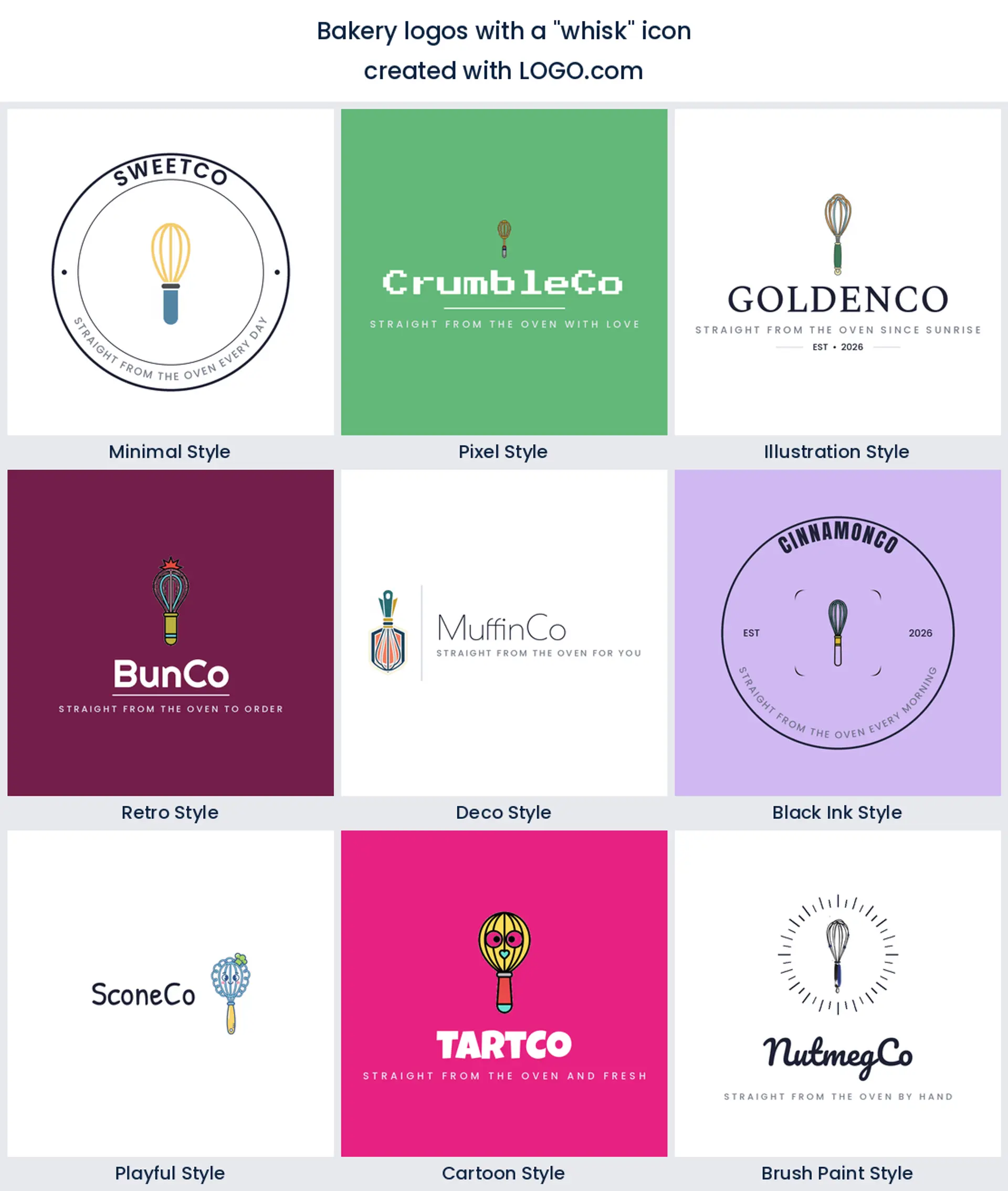 Whisk bakery logo shown in nine LOGO.com styles.
