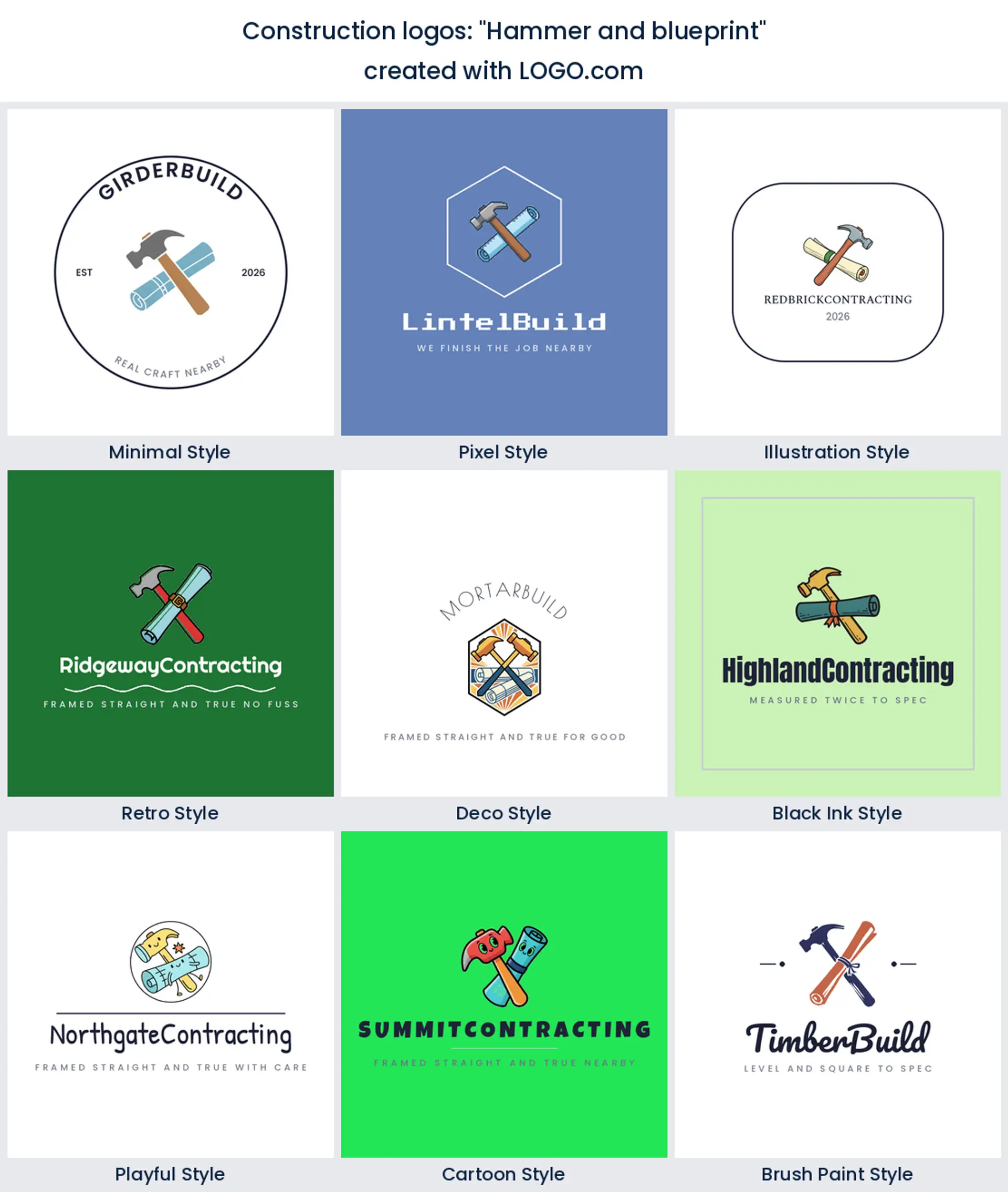 Hammer and blueprint construction logo idea, shown in nine LOGO.com styles