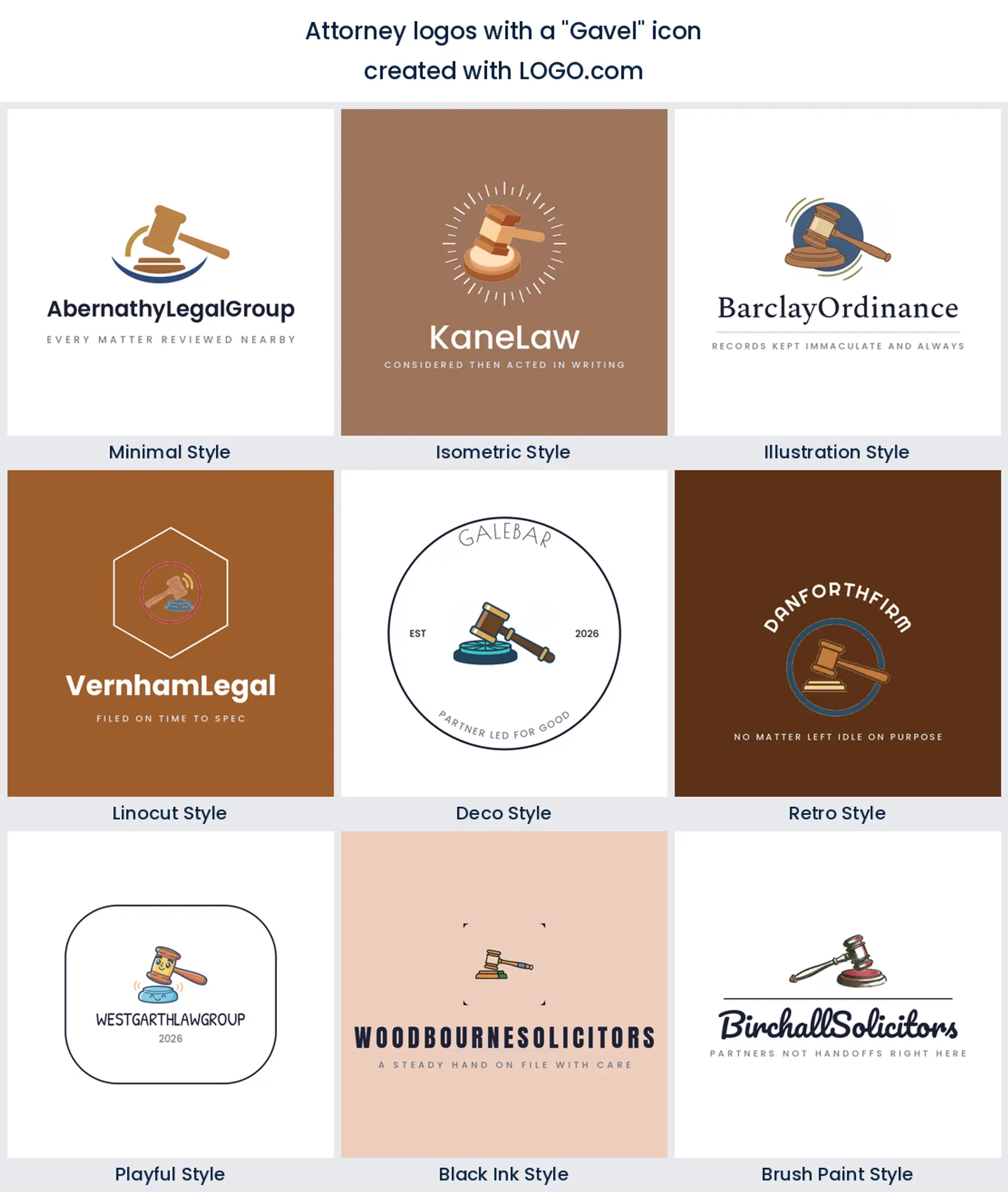 Nine styles of law office logo built on a judges gavel resting on a sound block
