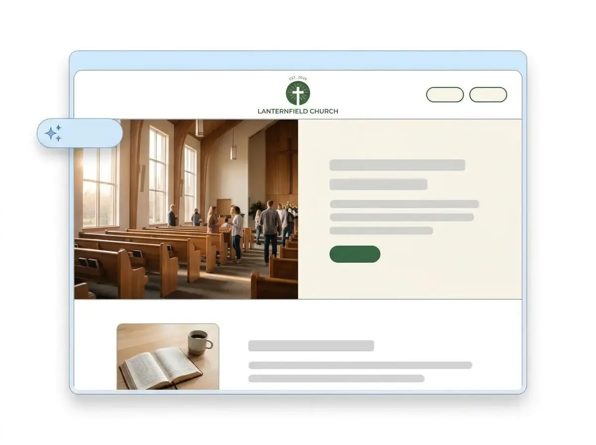 Finished Lanternfield Church website built from the uploaded logo, with a sanctuary photo in the hero and a thumbnail of an open hymn book