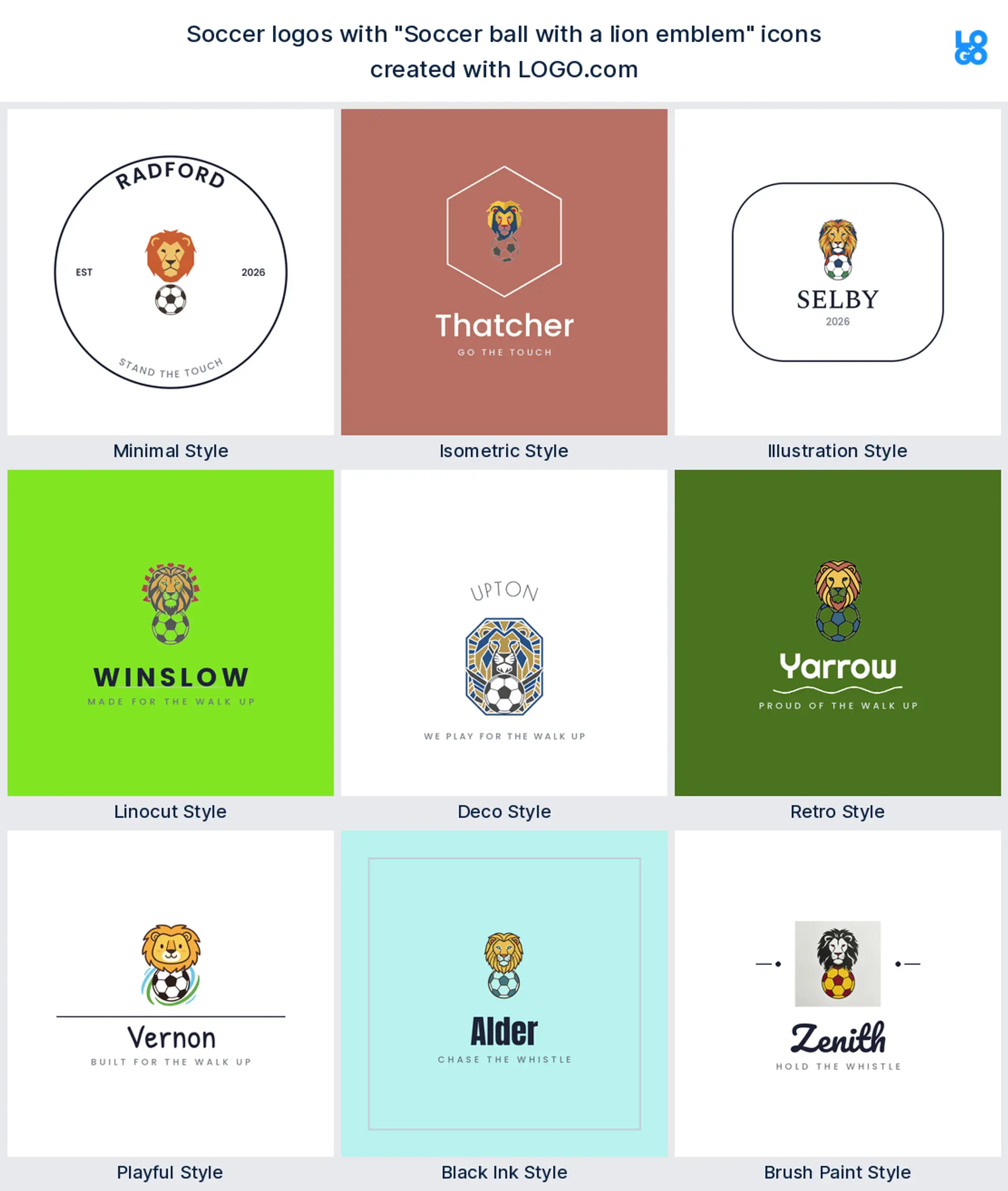 Lion emblem soccer logo shown in nine LOGO.com styles