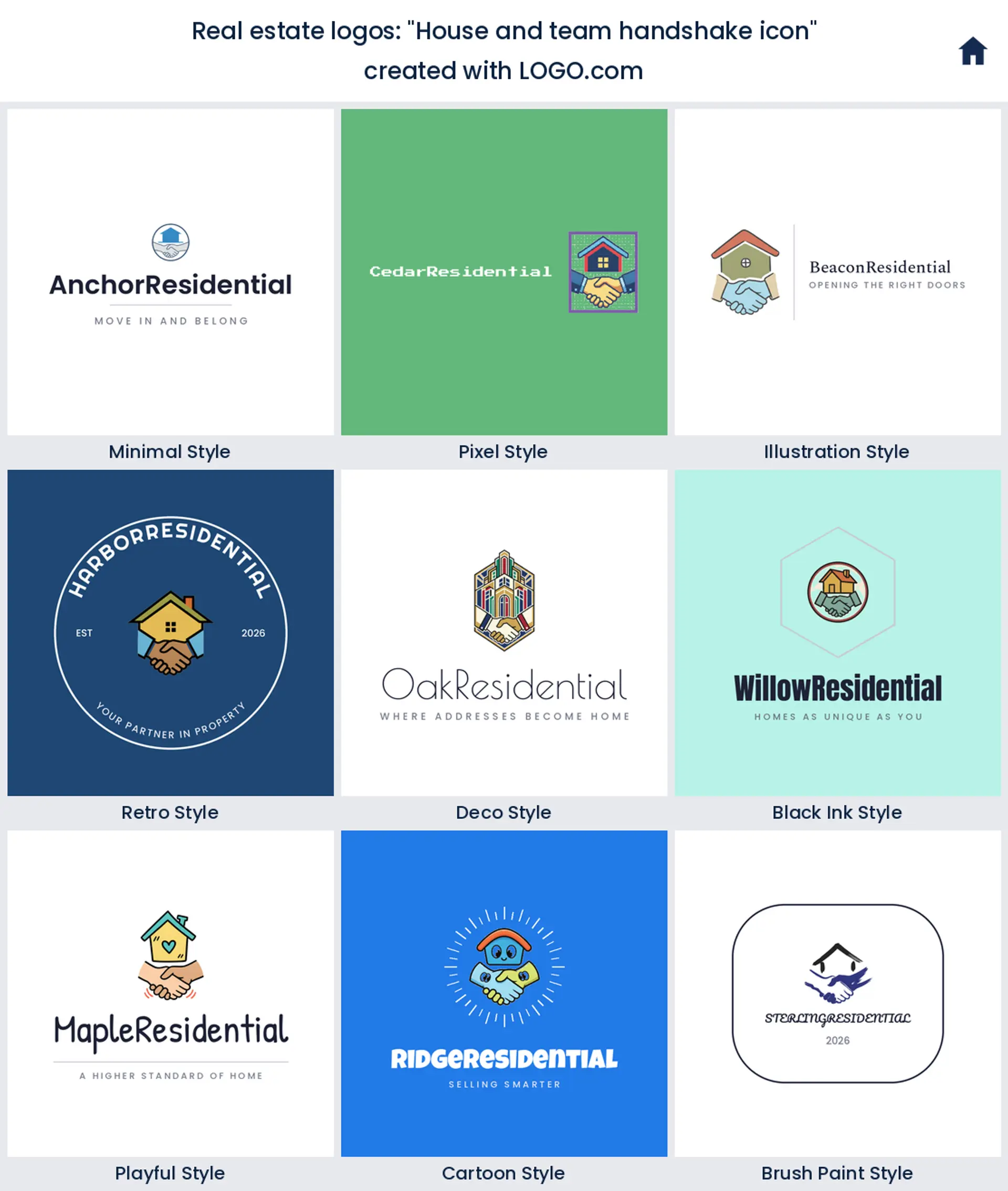 House and team handshake icon, a real estate logo idea shown in nine LOGO.com styles