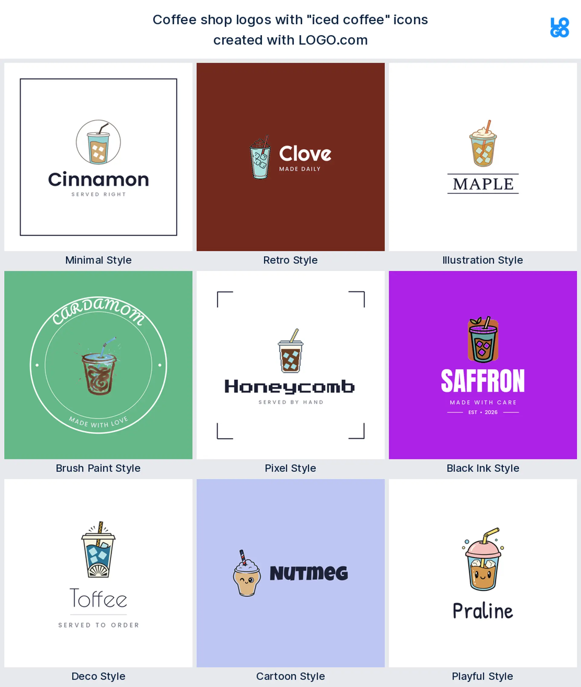 Iced coffee logo shown in nine LOGO.com styles