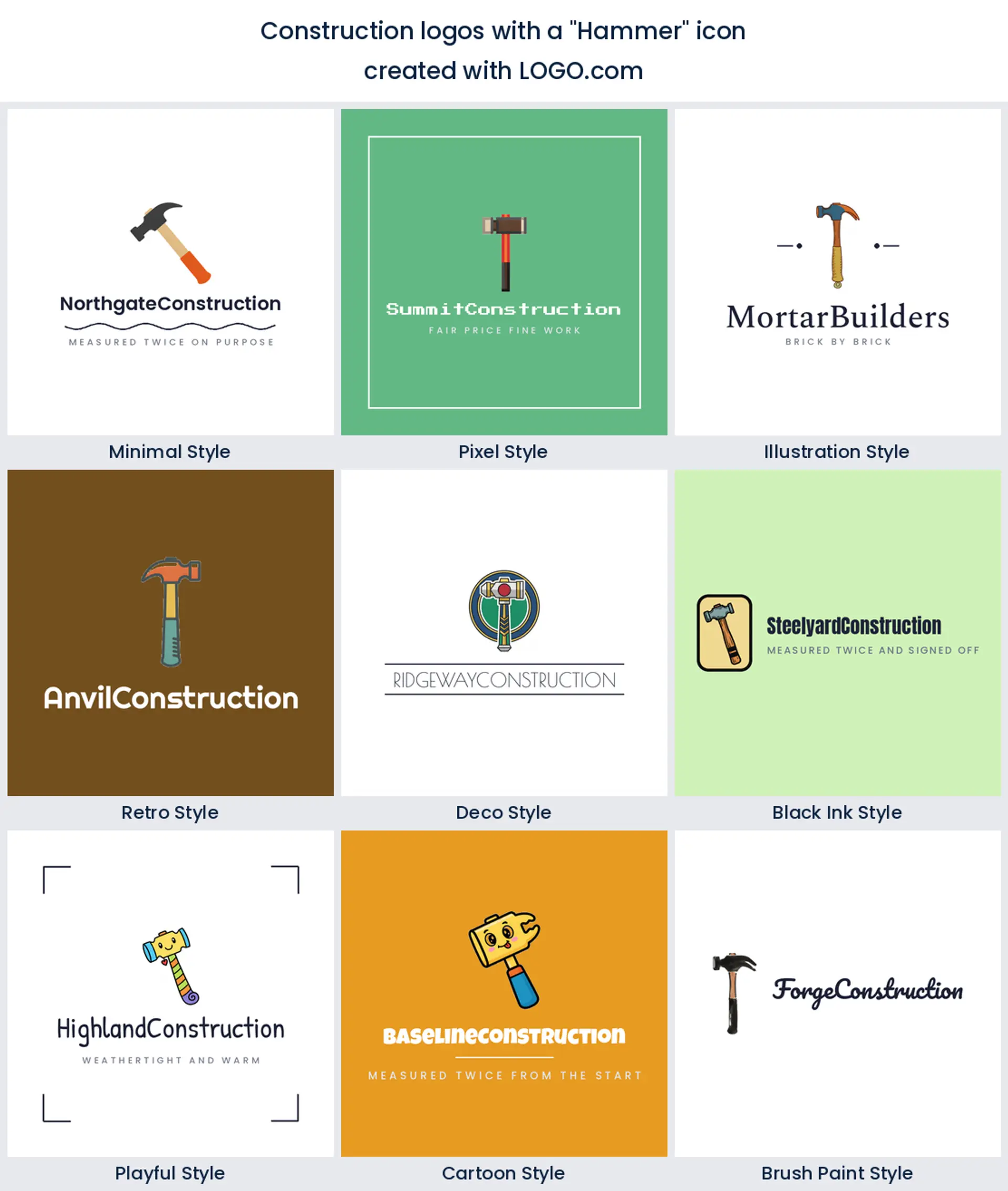 Hammer icon for a construction brand, shown in nine LOGO.com styles